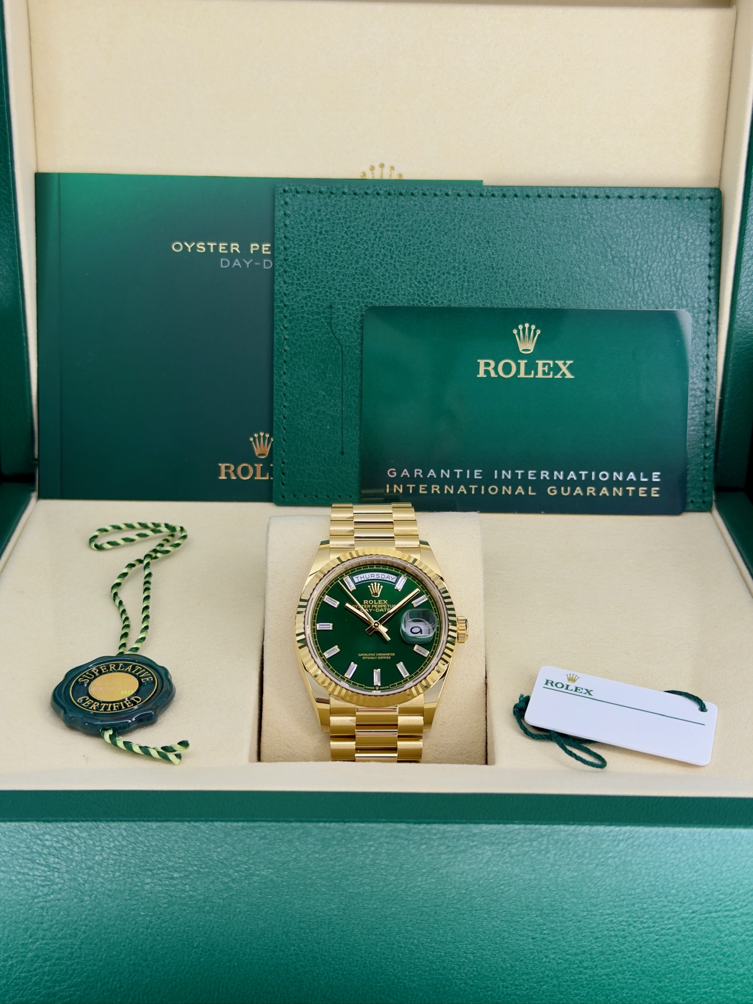 Box and PapersPre-Owned Rolex Day-Date Green Baguette 128238 Box and Papers