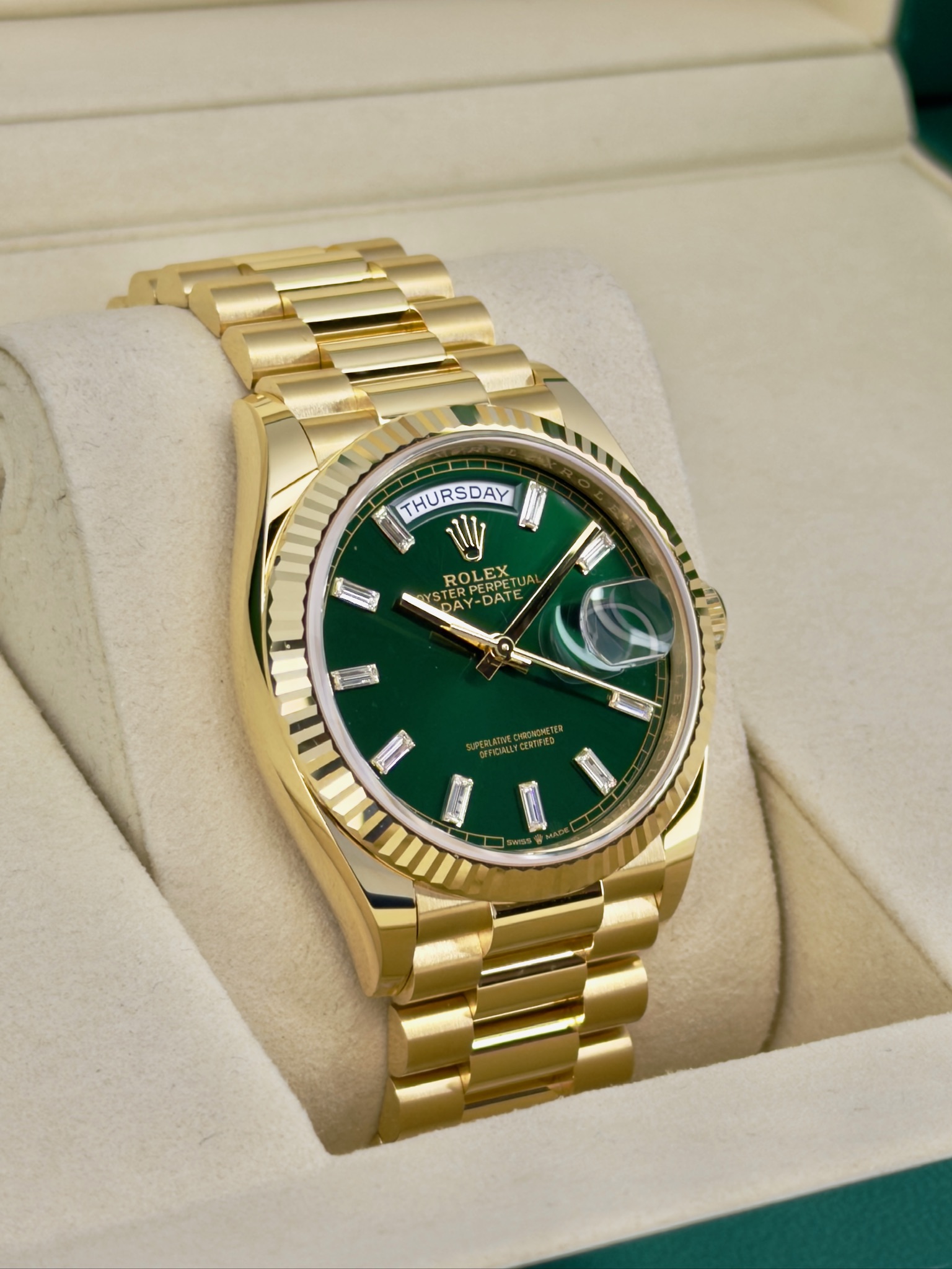 Side Face 2 Pre-Owned Rolex Day-Date Green Baguette 128238 Box and Papers