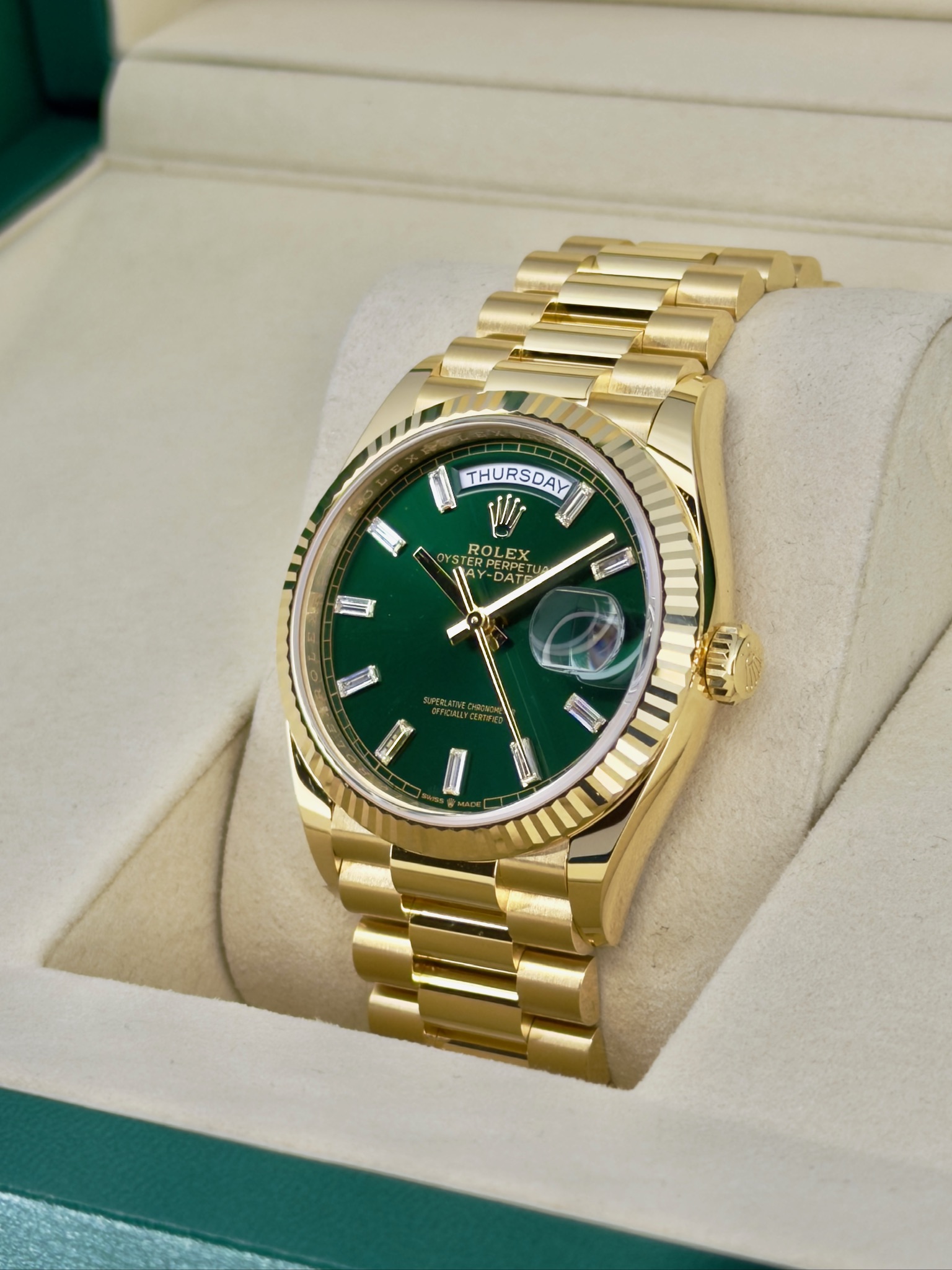 Side Face Pre-Owned Rolex Day-Date Green Baguette 128238 Box and Papers