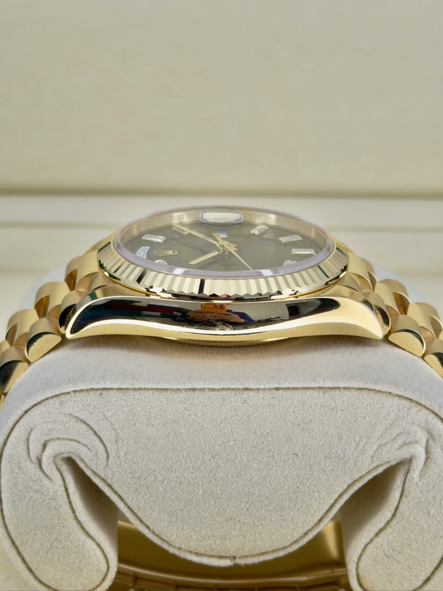 Side Shot 2 Pre-Owned Rolex Day-Date Green Baguette 128238 Box and Papers