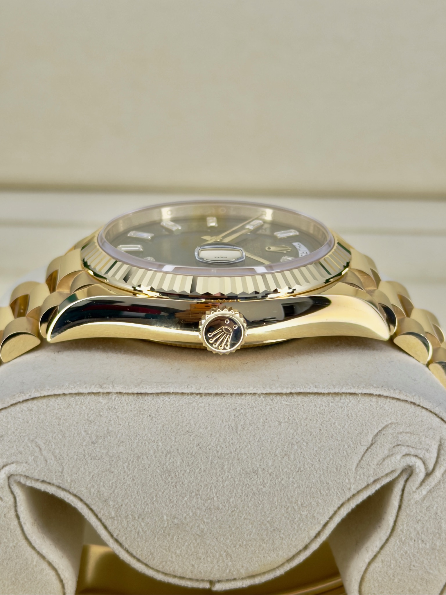 Side Shot Pre-Owned Rolex Day-Date Green Baguette 128238 Box and Papers