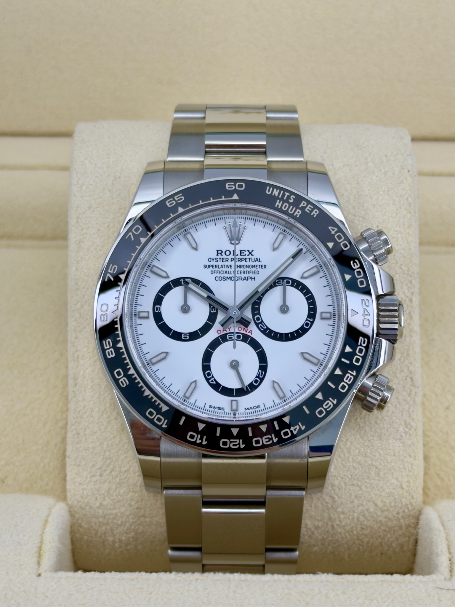 Front Face Pre-Owned Rolex Daytona 126500Ln Panda Box and Papers
