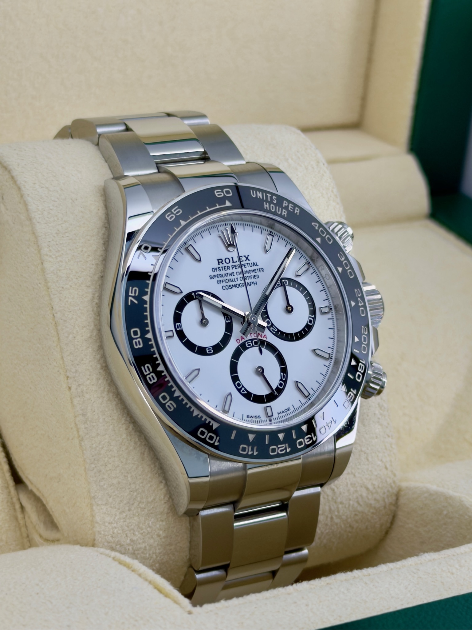 Side Face 2 Pre-Owned Rolex Daytona 126500Ln Panda Box and Papers