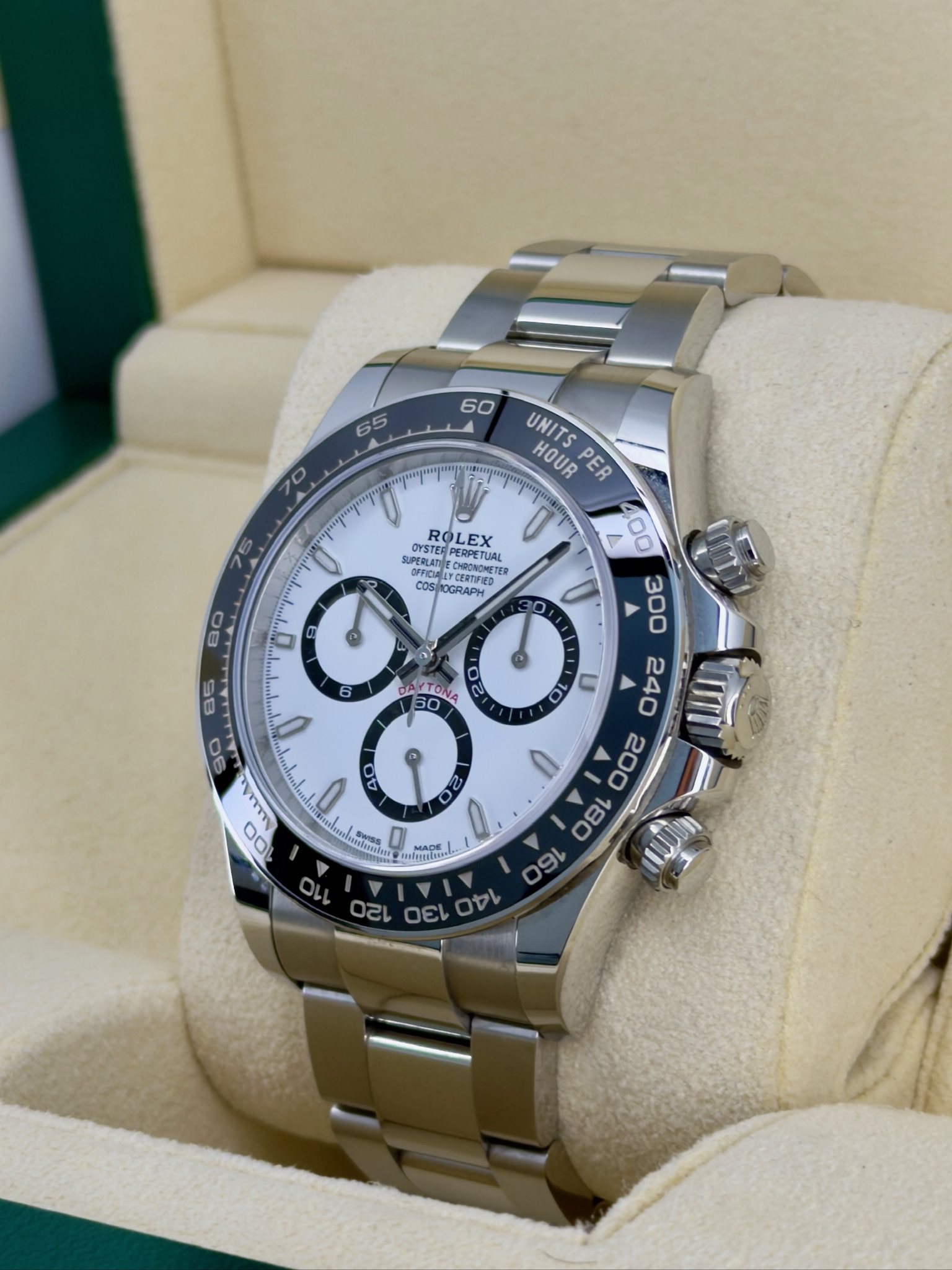 Side Face Pre-Owned Rolex Daytona 126500Ln Panda Box and Papers