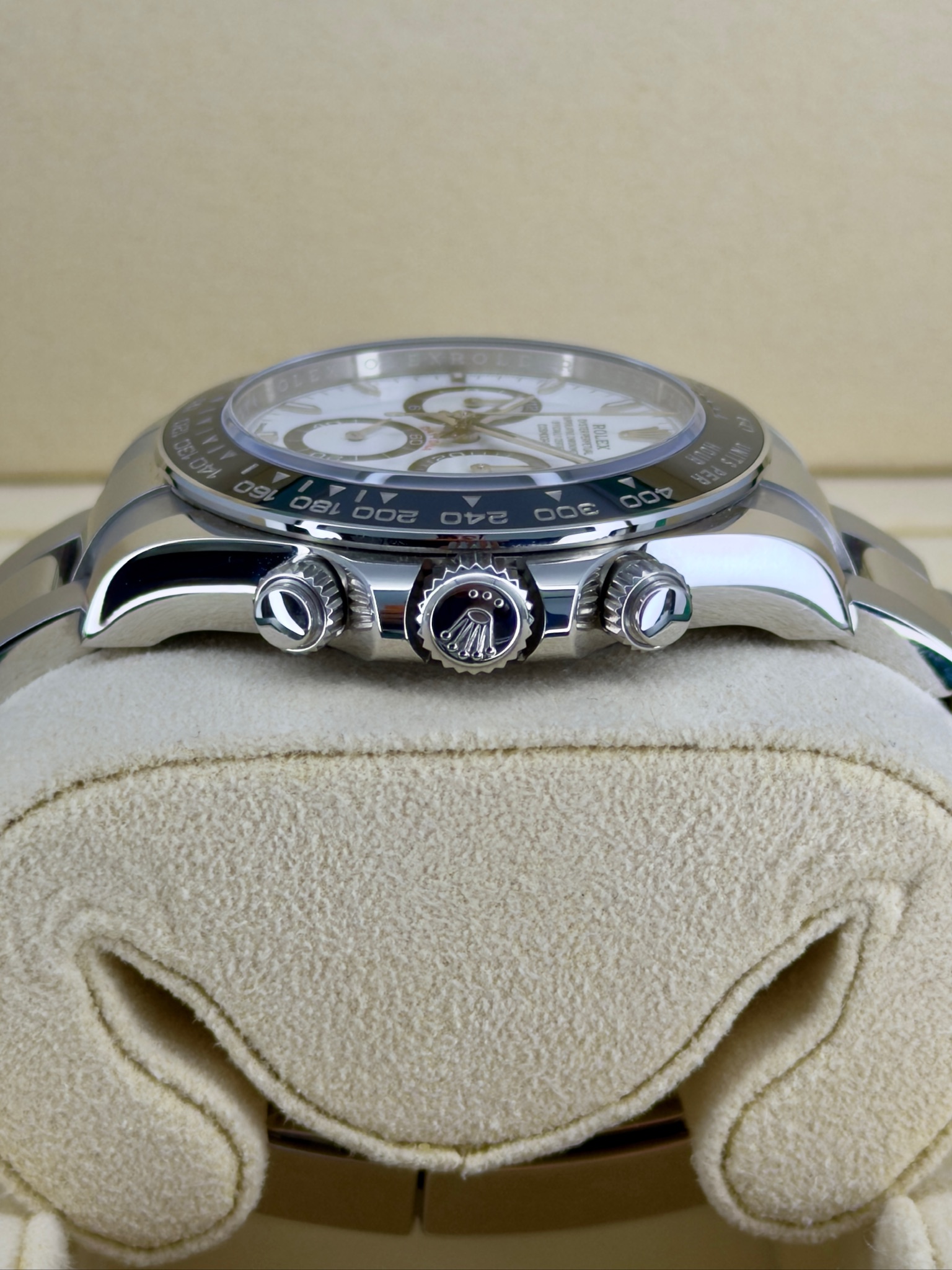 Side Shot Pre-Owned Rolex Daytona 126500Ln Panda Box and Papers