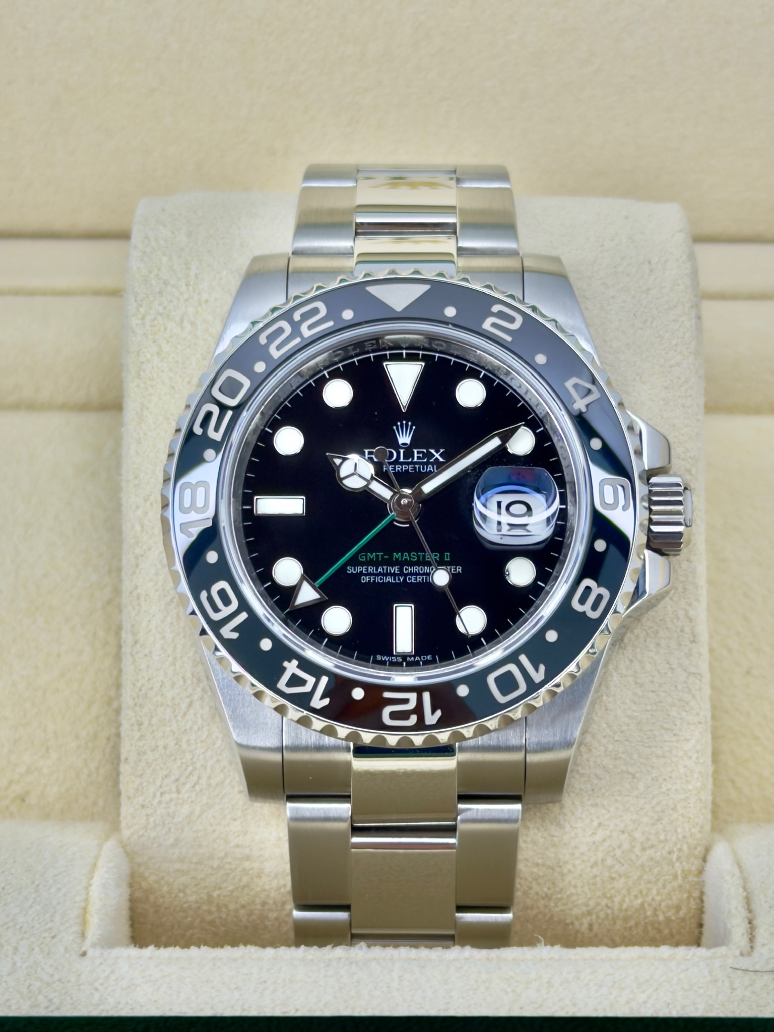 Front Face Pre-Owned Rolex GMT-Master II 116710Ln Box and Papers