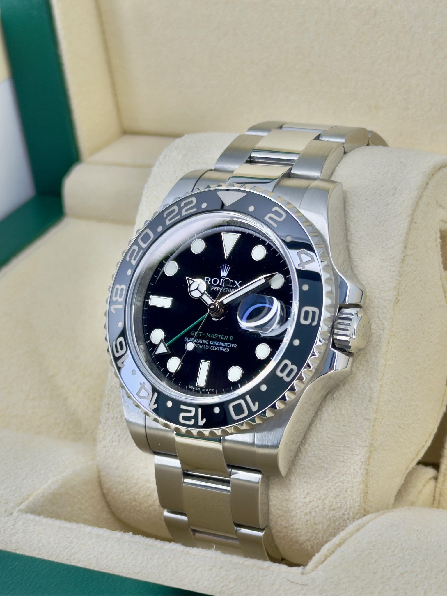 Side Face Pre-Owned Rolex GMT-Master II 116710Ln Box and Papers
