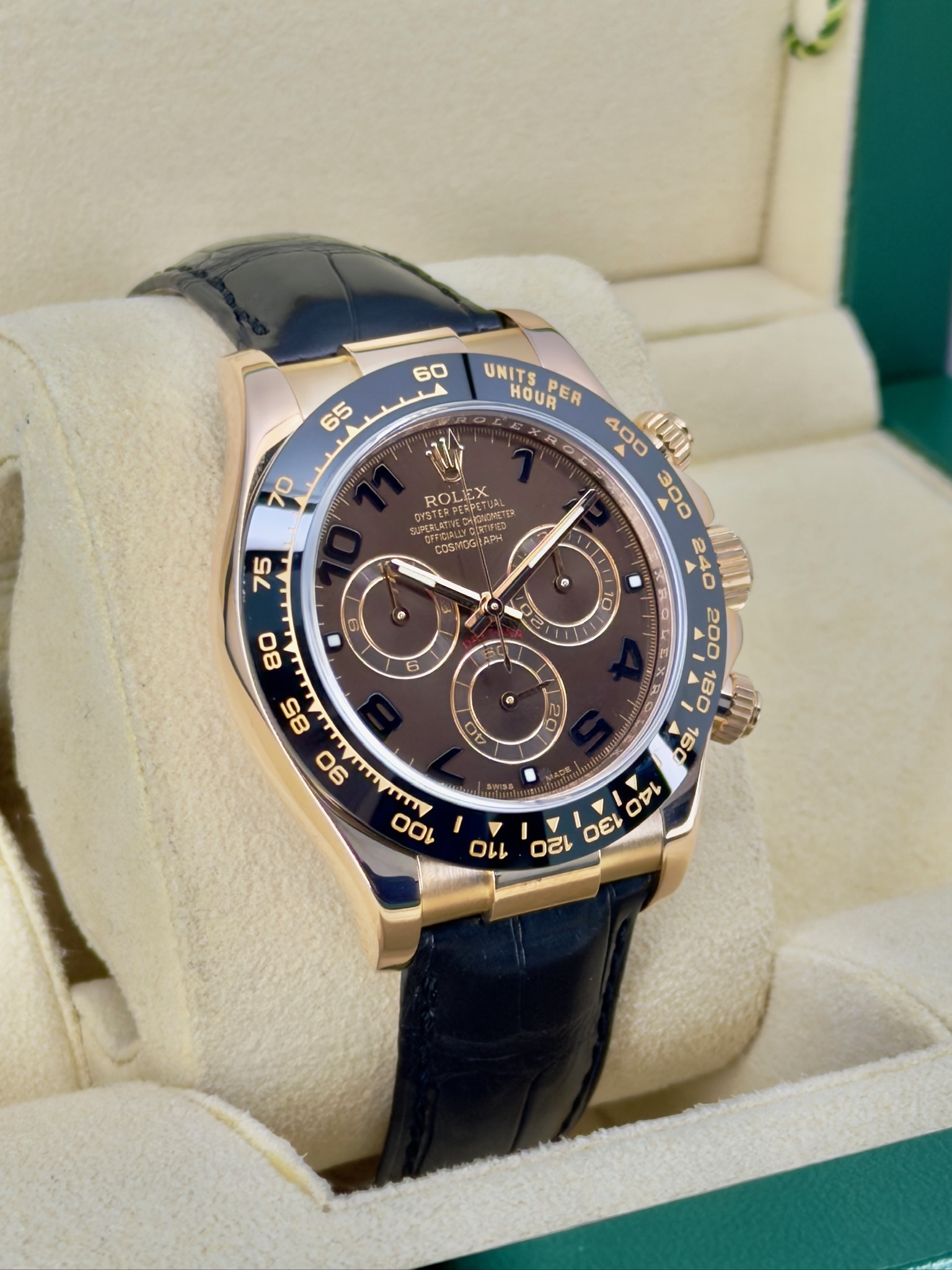 Side Face 2 Pre-Owned Rolex Chocolate Arabic Daytona 116515 Box and Papers