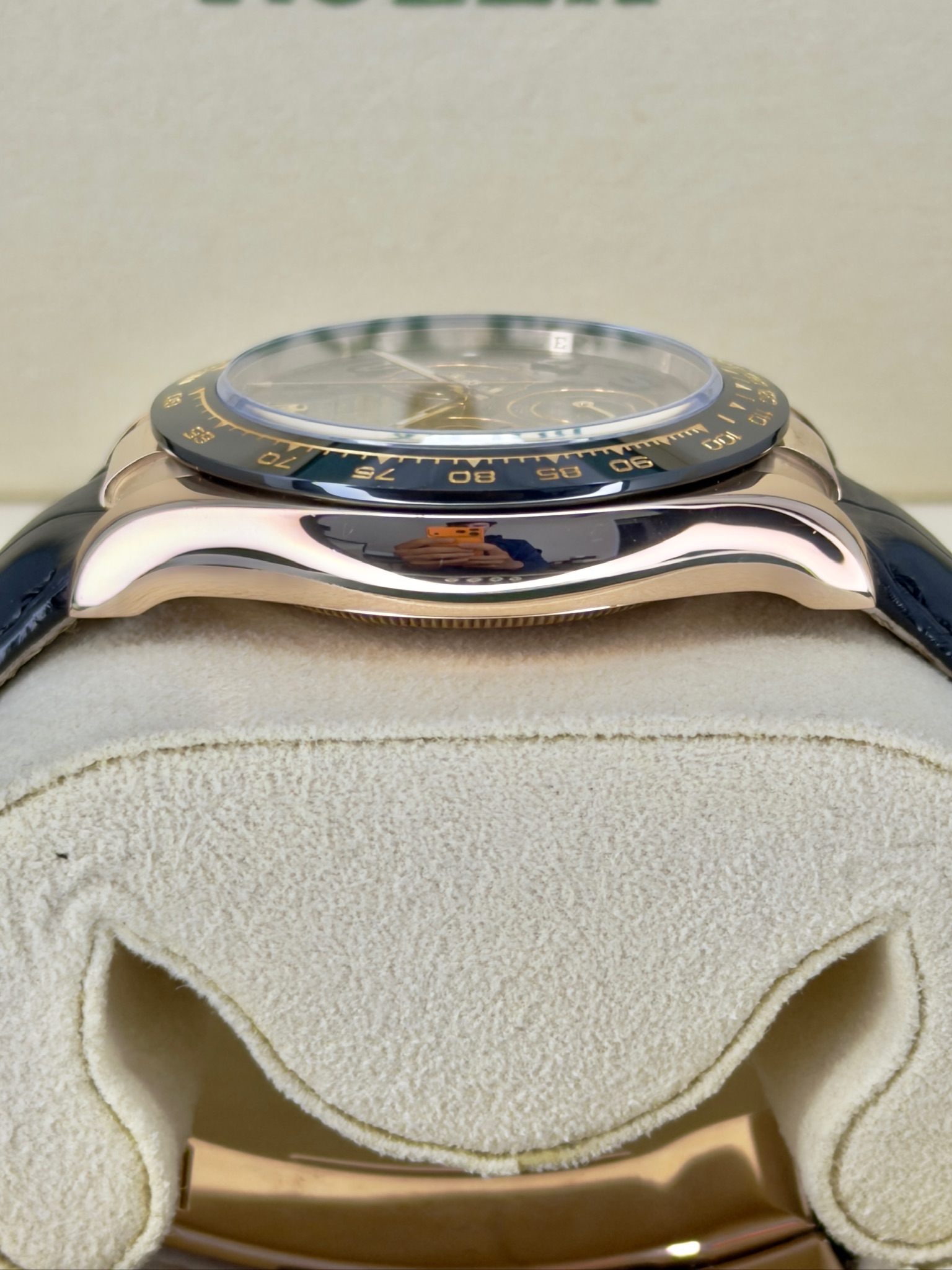 Side Shot 2 Pre-Owned Rolex Chocolate Arabic Daytona 116515 Box and Papers
