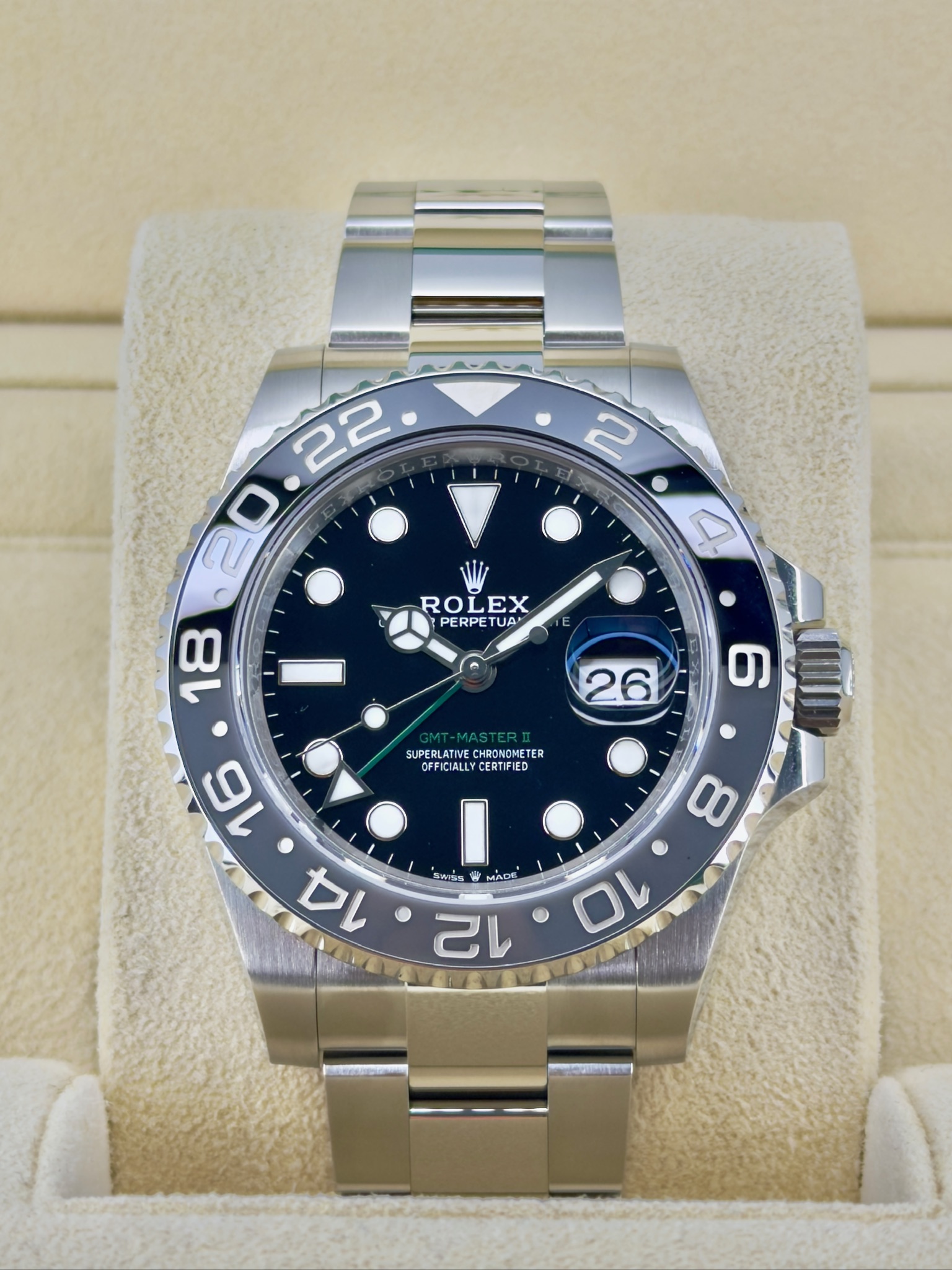 Front Face Pre-Owned Rolex GMT-Master II 126710GRNR Box and Papers