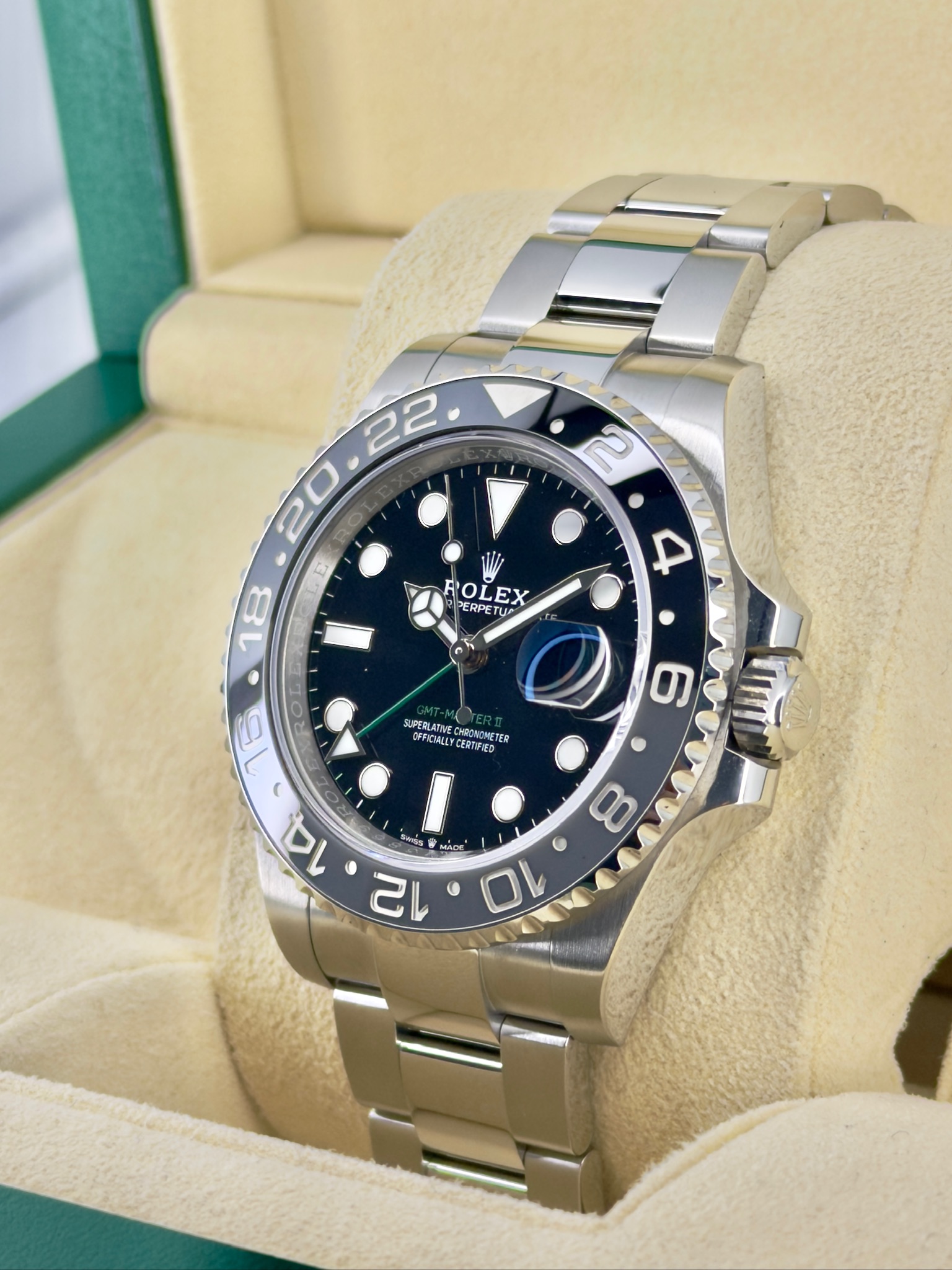 Side Face Pre-Owned Rolex GMT-Master II 126710GRNR Box and Papers