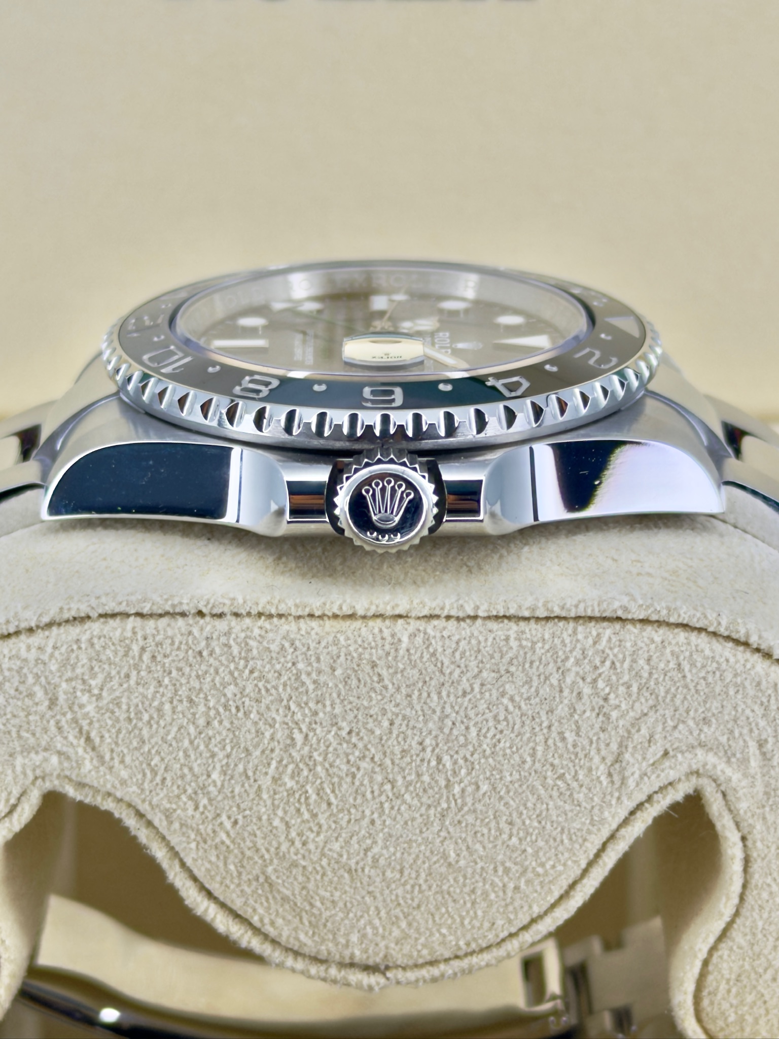 Side Shot Pre-Owned Rolex GMT-Master II 126710GRNR Box and Papers