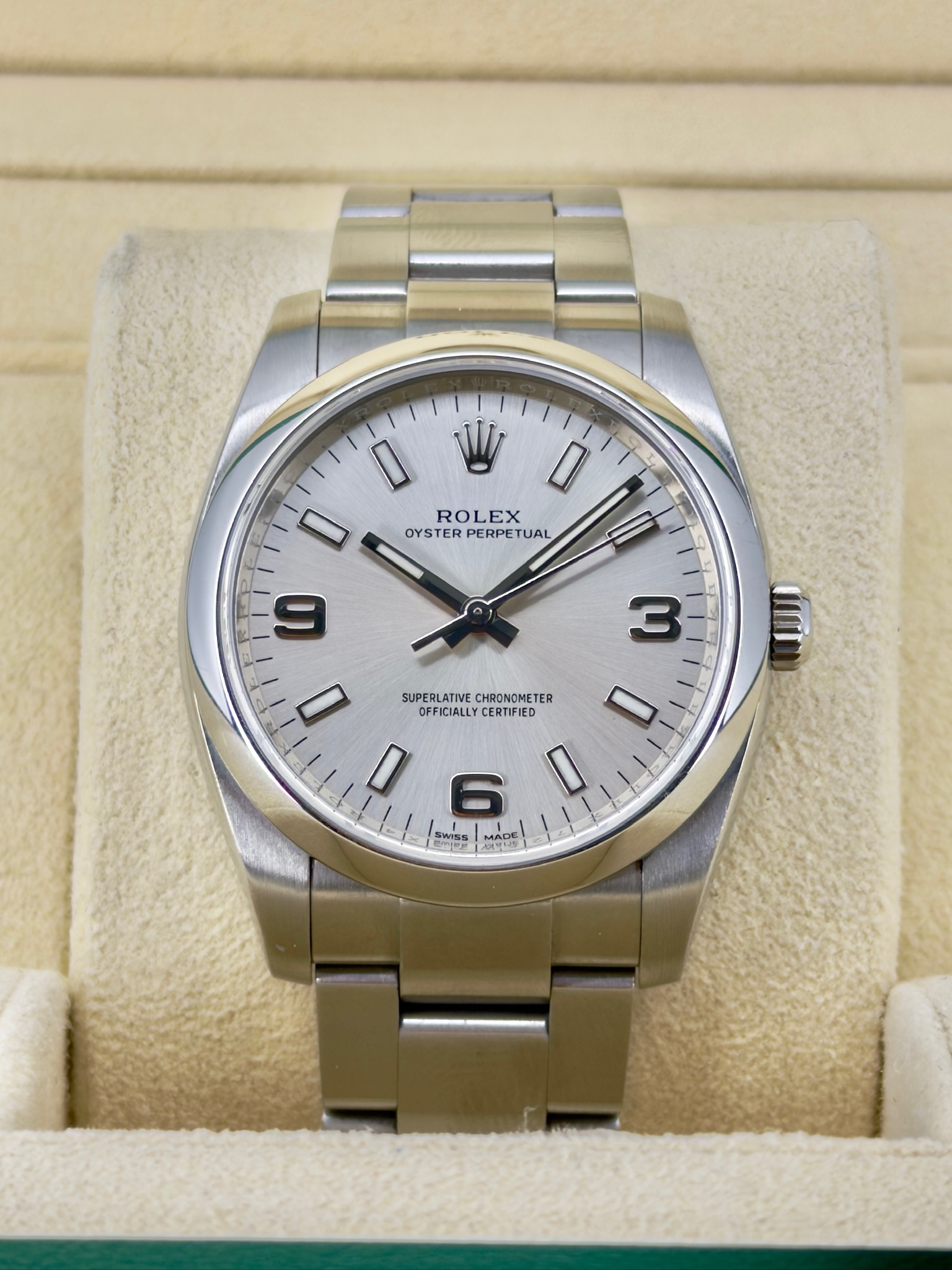 Front Face Pre-Owned Rolex Oyster Perpetual 114200 Watch and Box