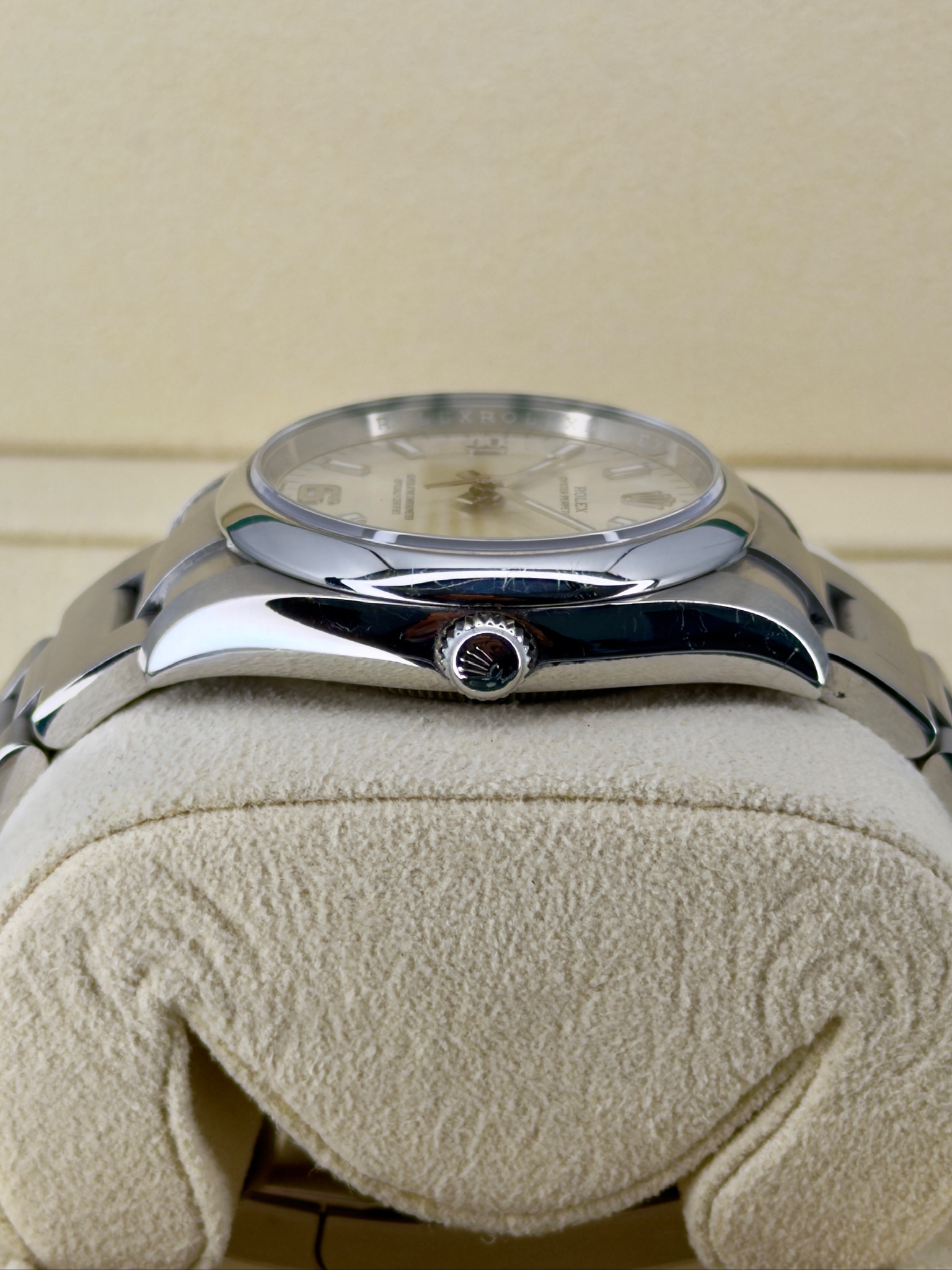 Side Shot Pre-Owned Rolex Oyster Perpetual 114200 Watch and Box