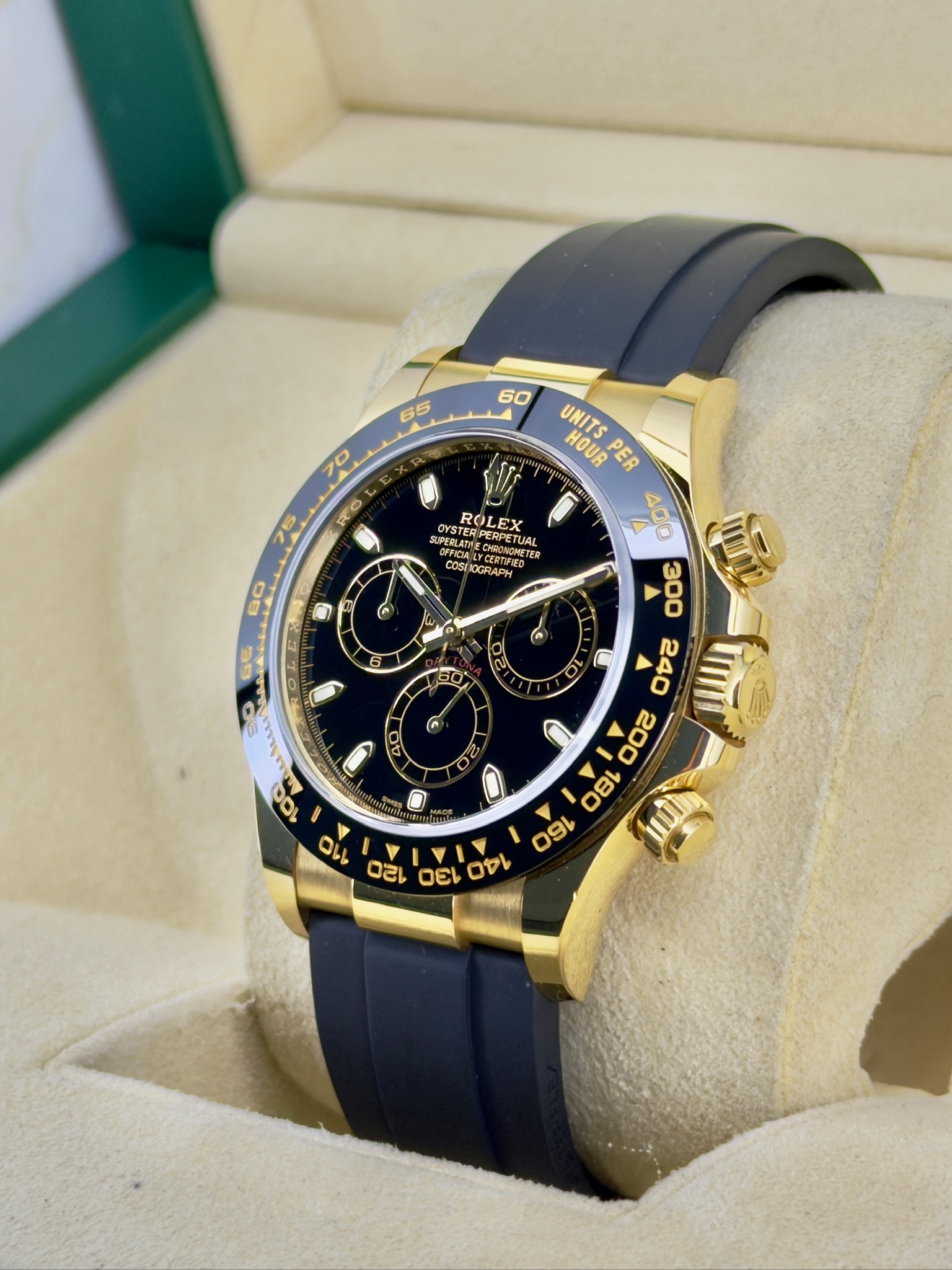 Side Face Pre-Owned Rolex Daytona 116518LN Box and Papers
