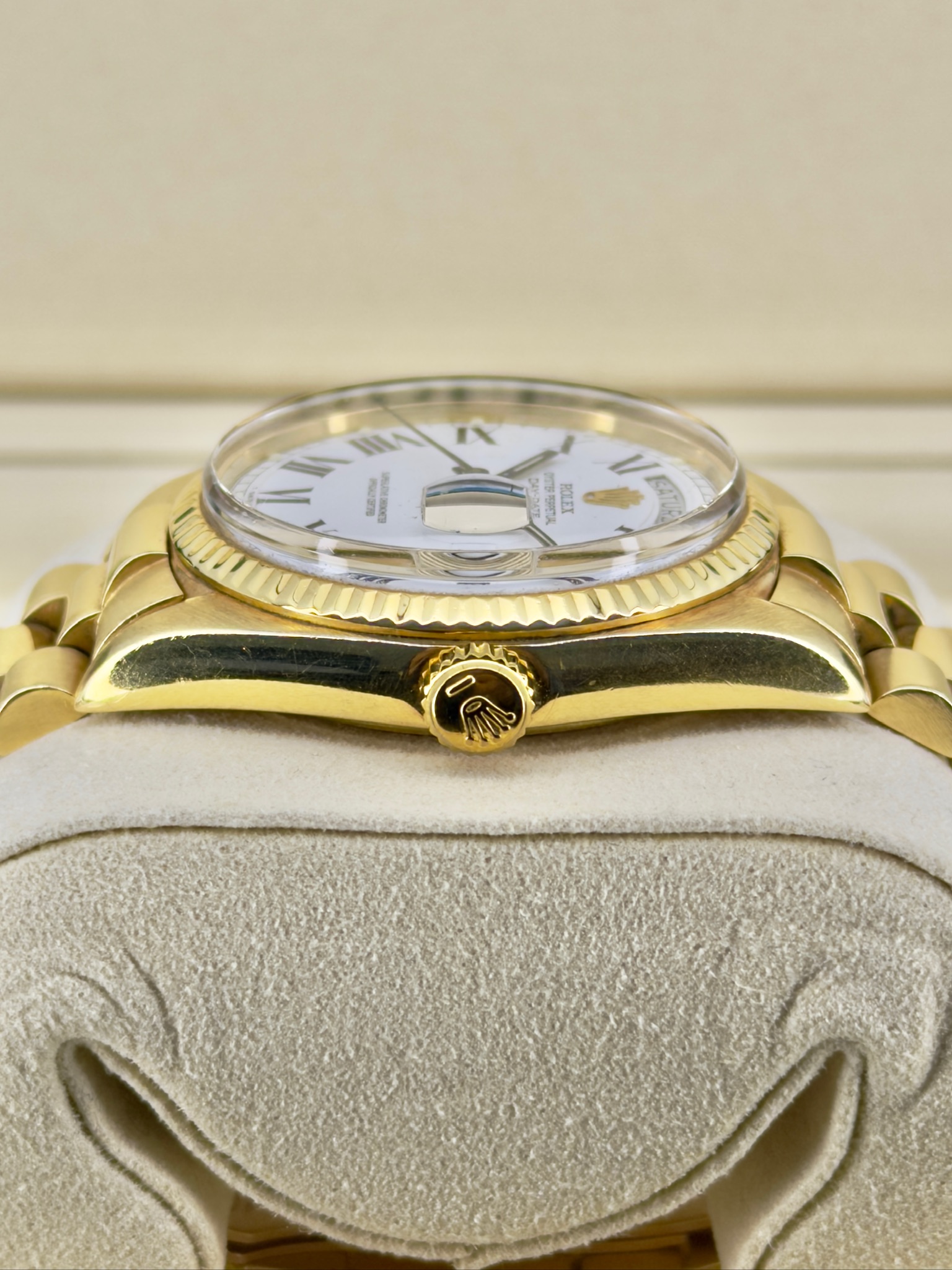 Side Shot Pre-Owned Rolex Day-Date 1803 Buckley Dial Watch Only