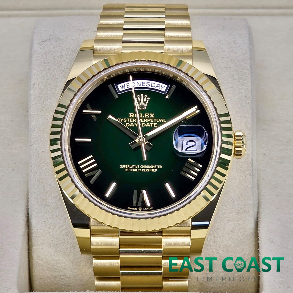Front Face Pre-Owned Rolex Day-Date 228238 Green Ombre