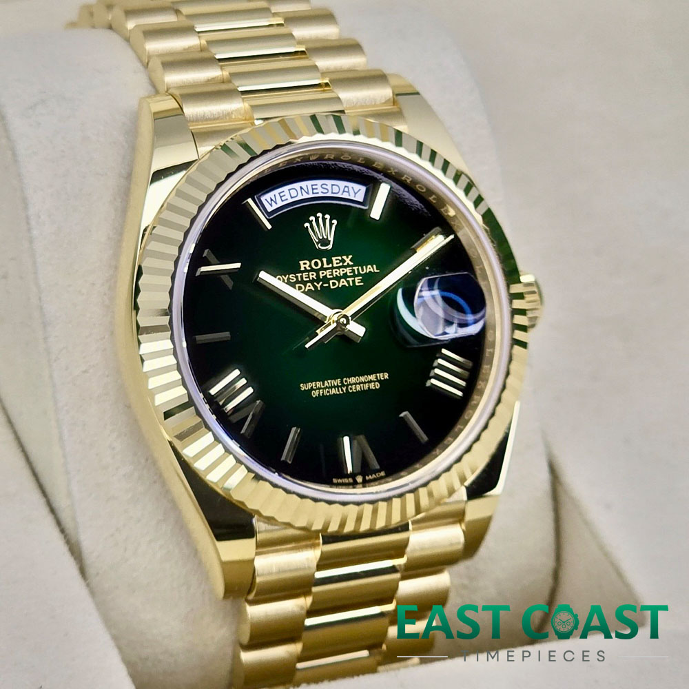 Side Face Pre-Owned Rolex Day-Date 228238 Green Ombre