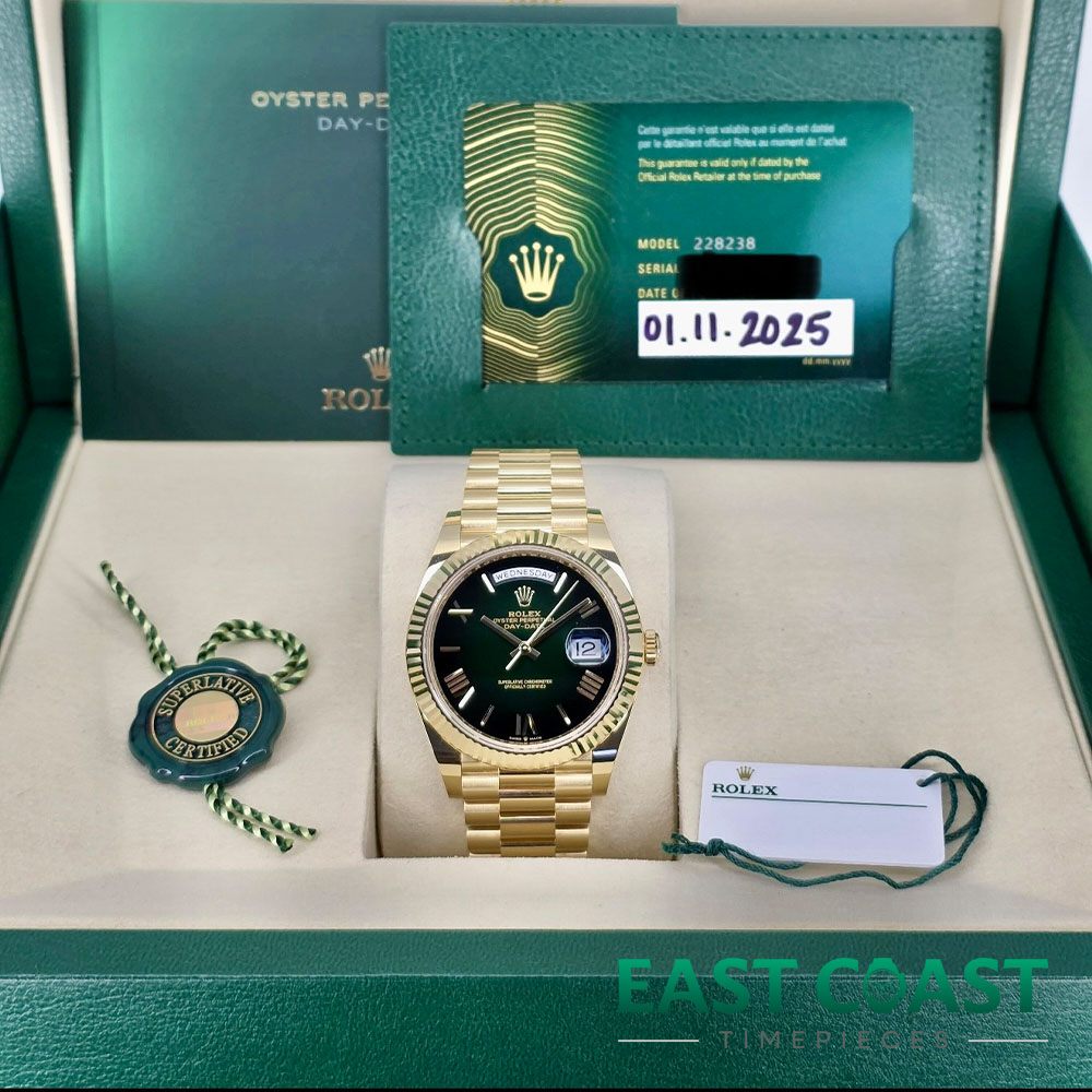Box and Papers Pre-Owned Rolex Day-Date 228238 Green Ombre