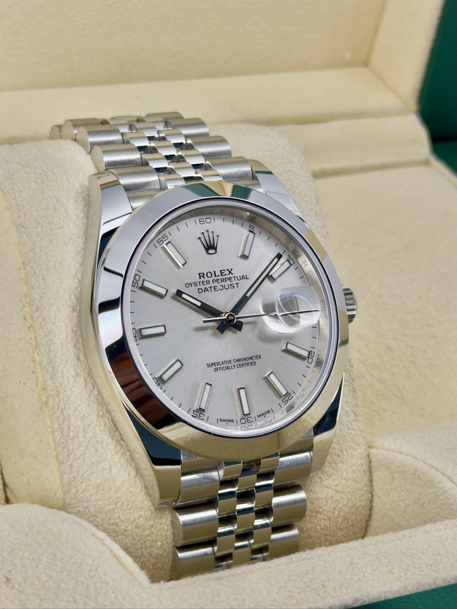 Side Face 2 Pre-Owned Rolex Datejust 126300 Box and Papers