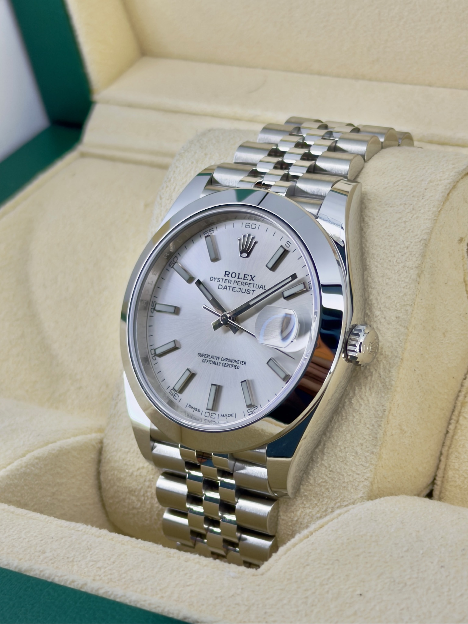 Side Face Pre-Owned Rolex Datejust 126300 Box and Papers