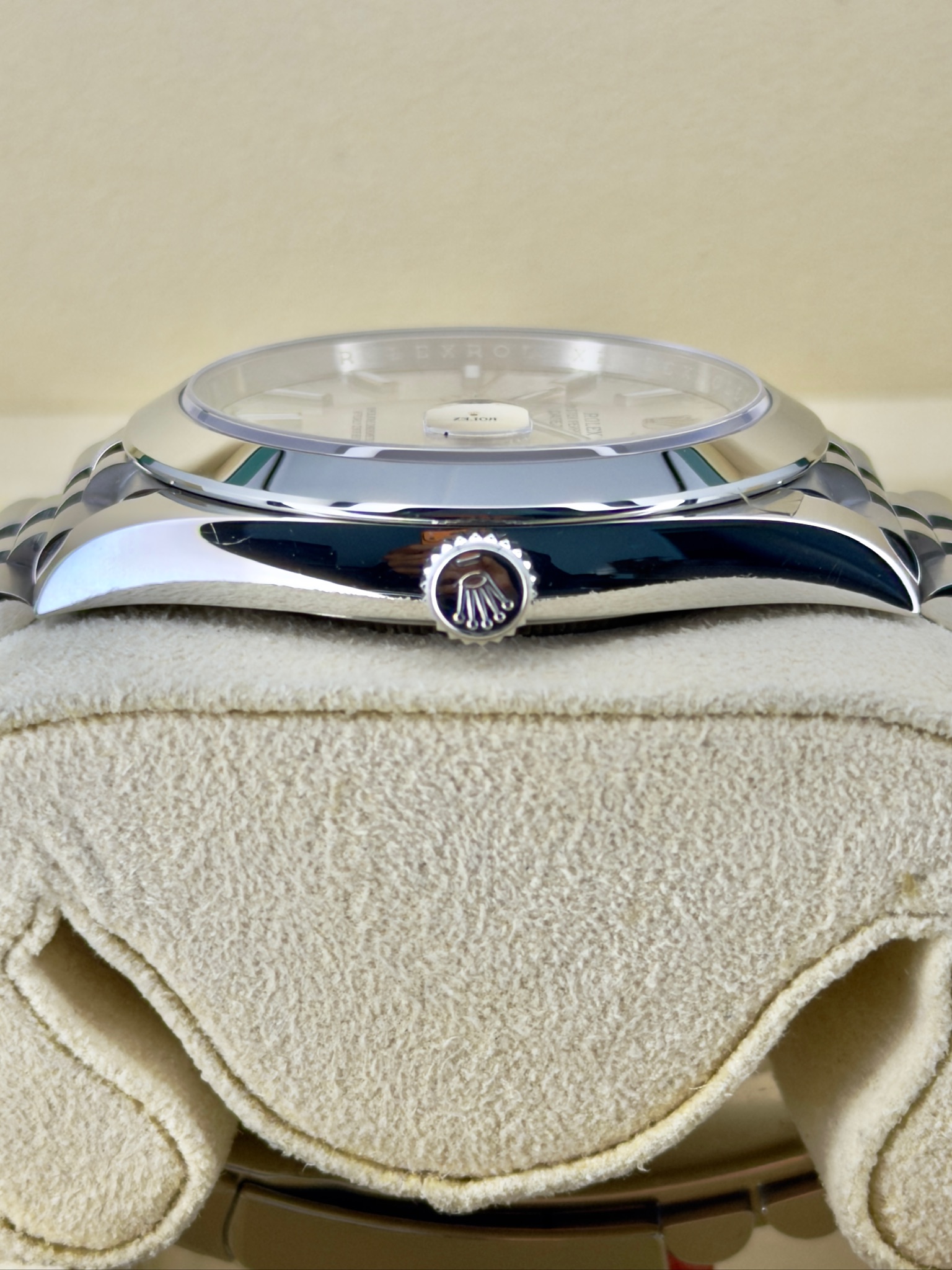 Side Shot Pre-Owned Rolex Datejust 126300 Box and Papers
