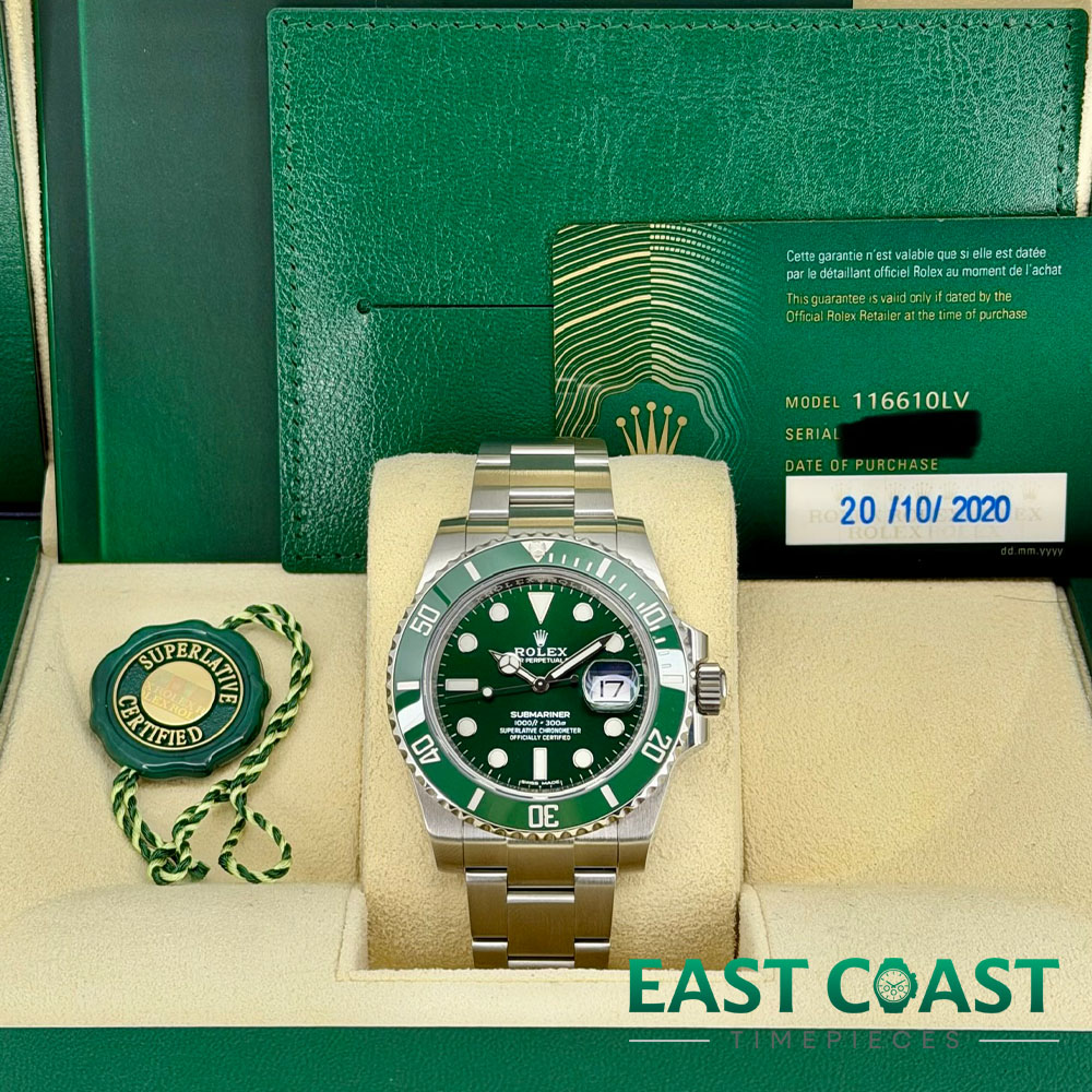 Watch and Box with Card Rolex Submariner 116610LV Hulk Image