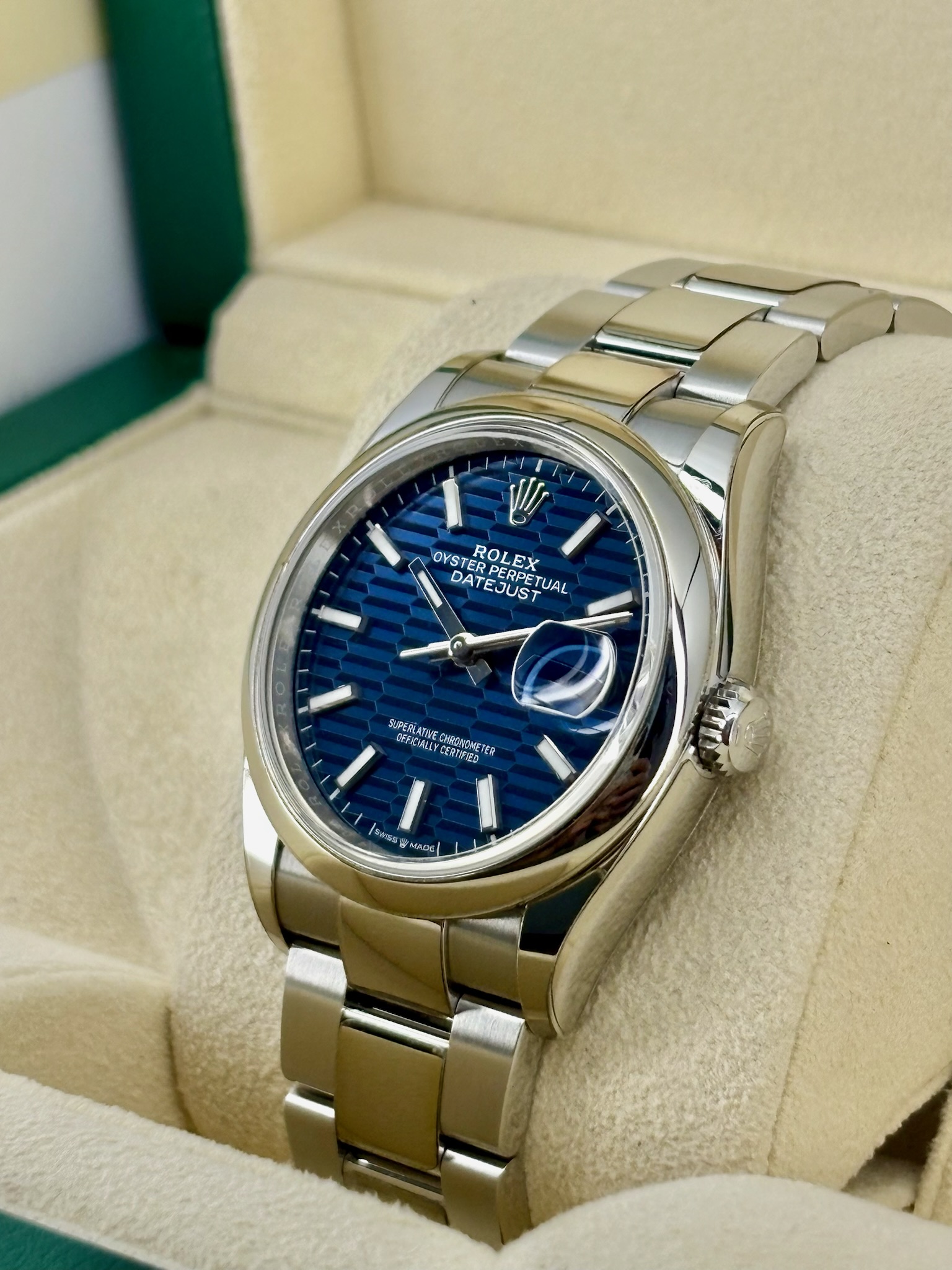 Side Face Pre-Owned Rolex Datejust 126200 Box and Papers