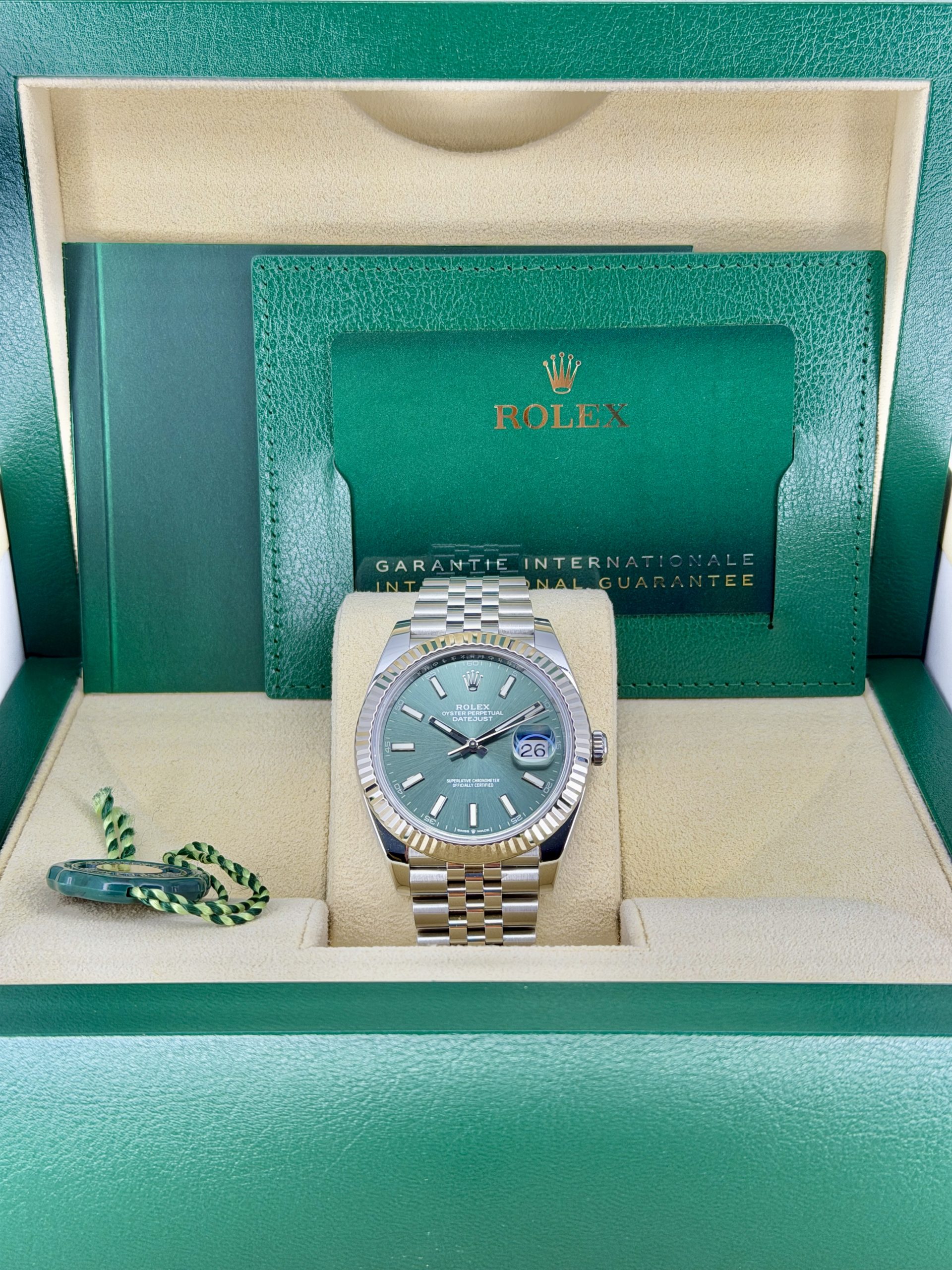 Box and Papers Pre-Owned Rolex Datejust 126334 Mint Green