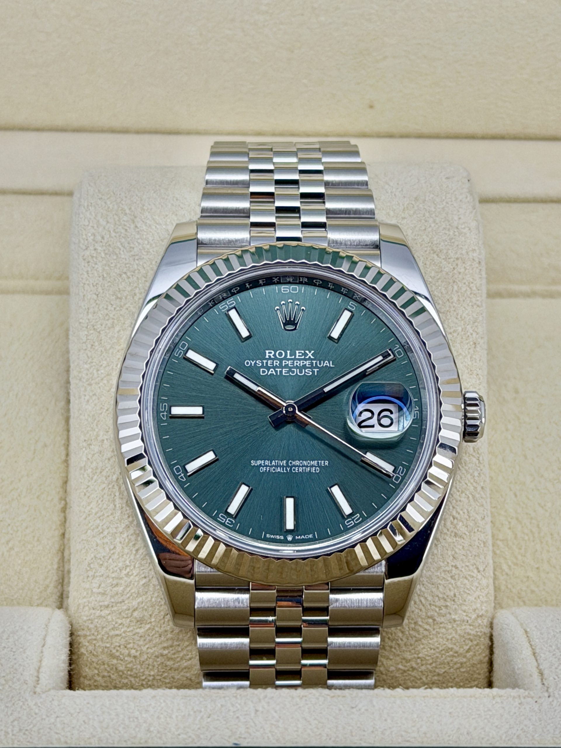 Front Face Pre-Owned Rolex Datejust 126334 Mint Green