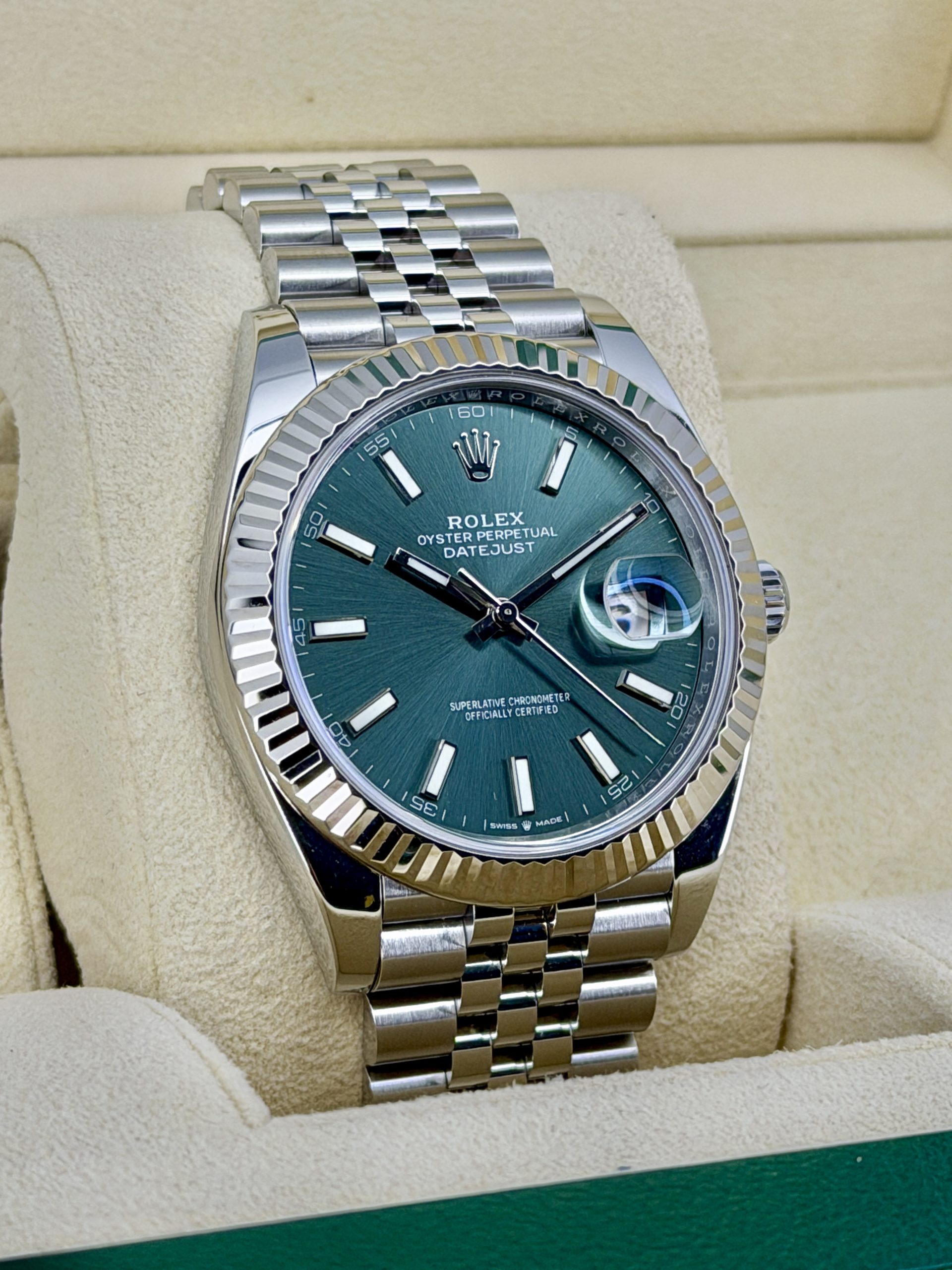 Side Face Pre-Owned Rolex Datejust 126334 Mint Green