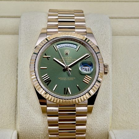 Front Face pre-owned Rolex Day-Date 228235 Olive Dial