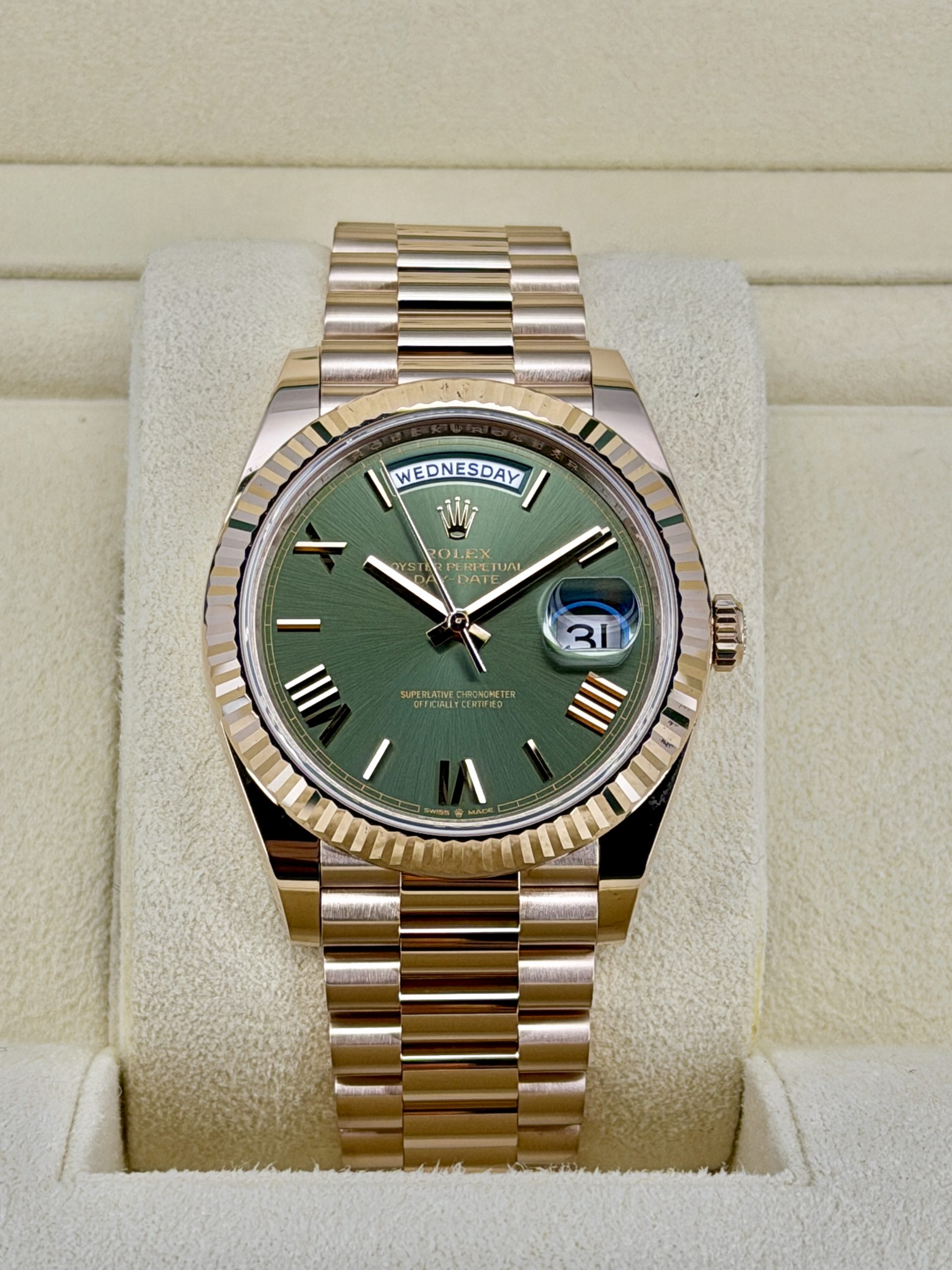 Front Face pre-owned Rolex Day-Date 228235 Olive Dial