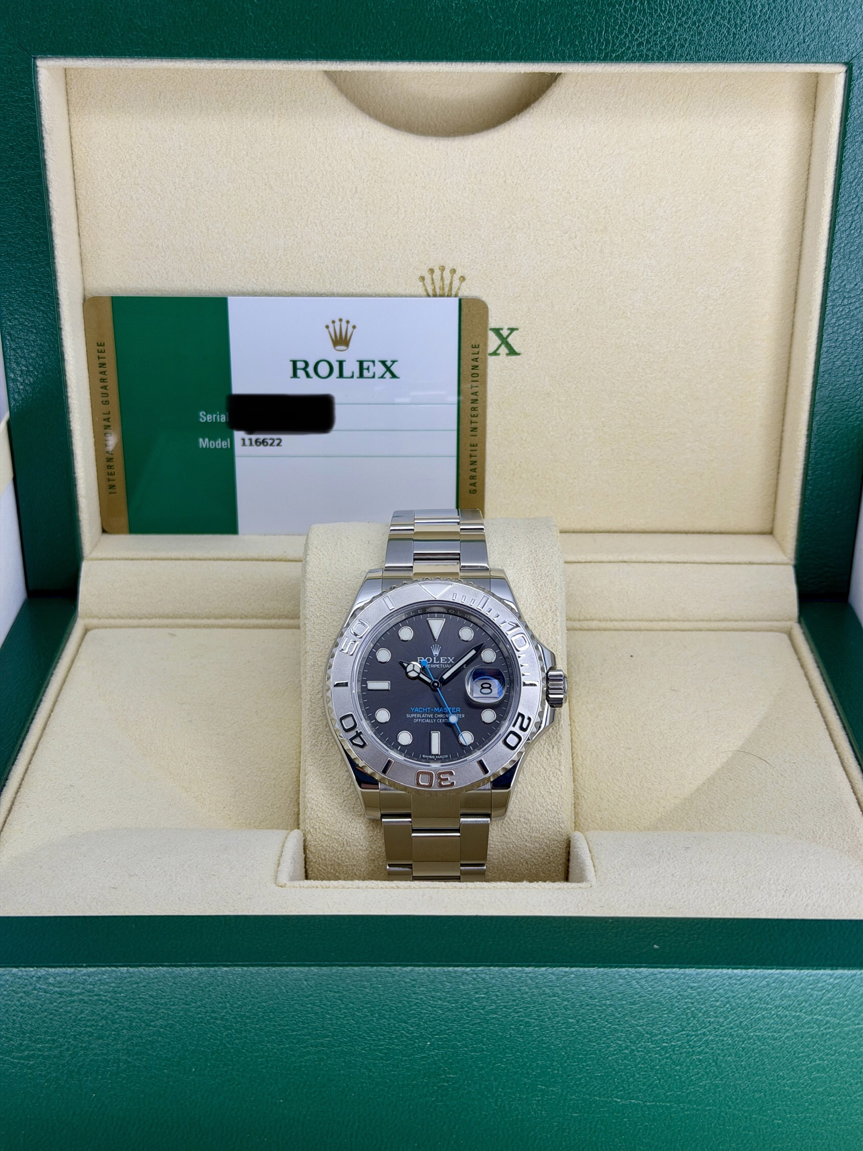 Box and Papers Pre-Owned Rolex Yachtmaster 116622 Rhodium