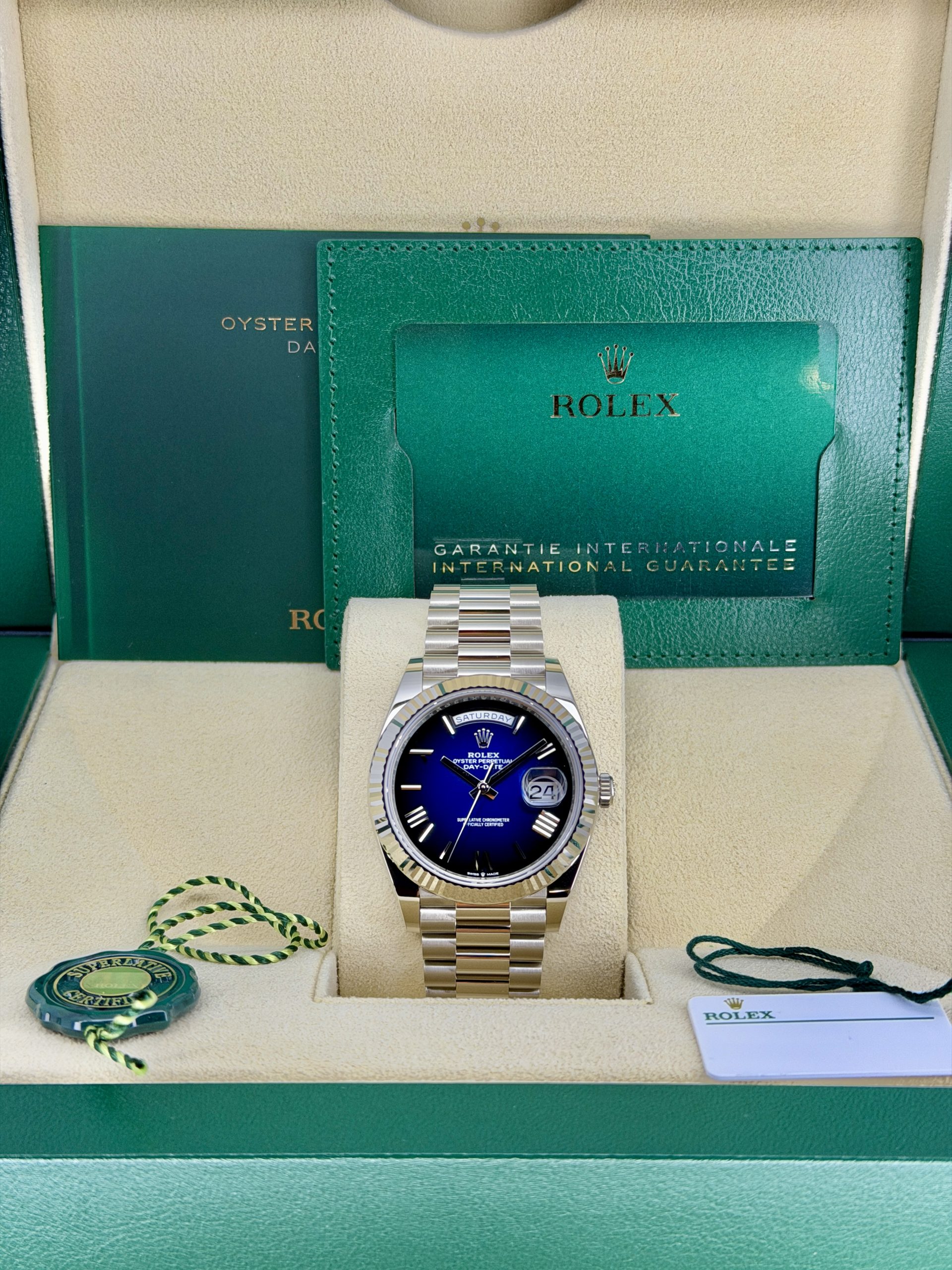 Box and Papers Pre-Owned Rolex Day-Date 228239 Blue Ombre