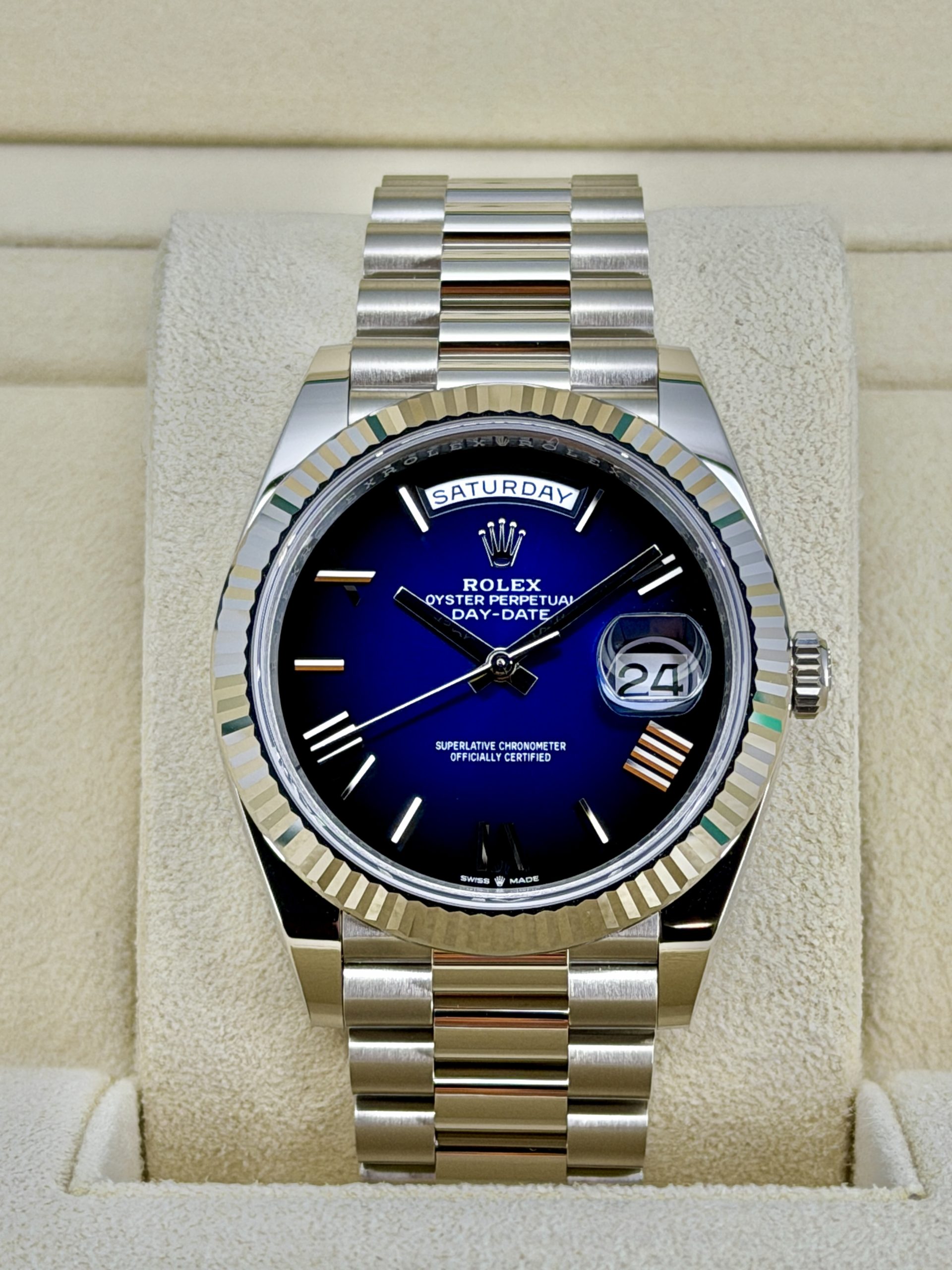 Front Face Pre-Owned Rolex Day-Date 228239 Blue Ombre
