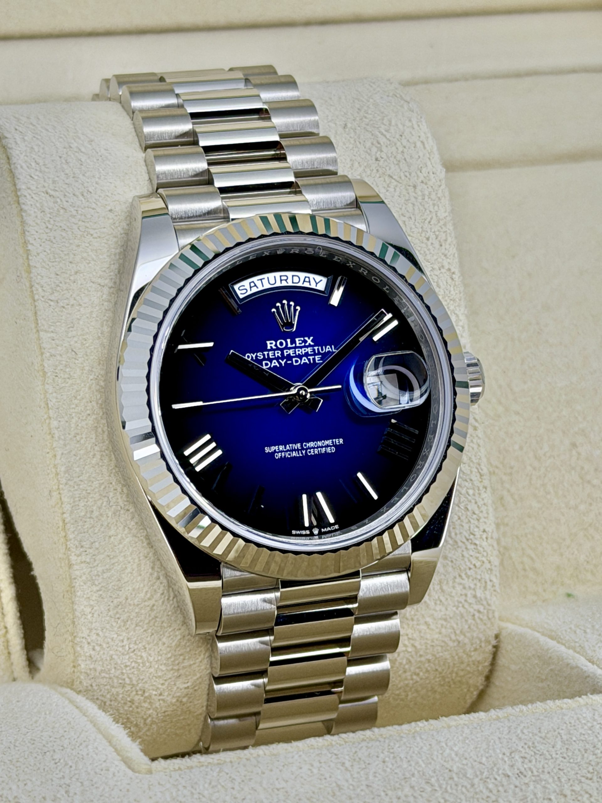 Side Face 1 Pre-Owned Rolex Day-Date 228239 Blue Ombre