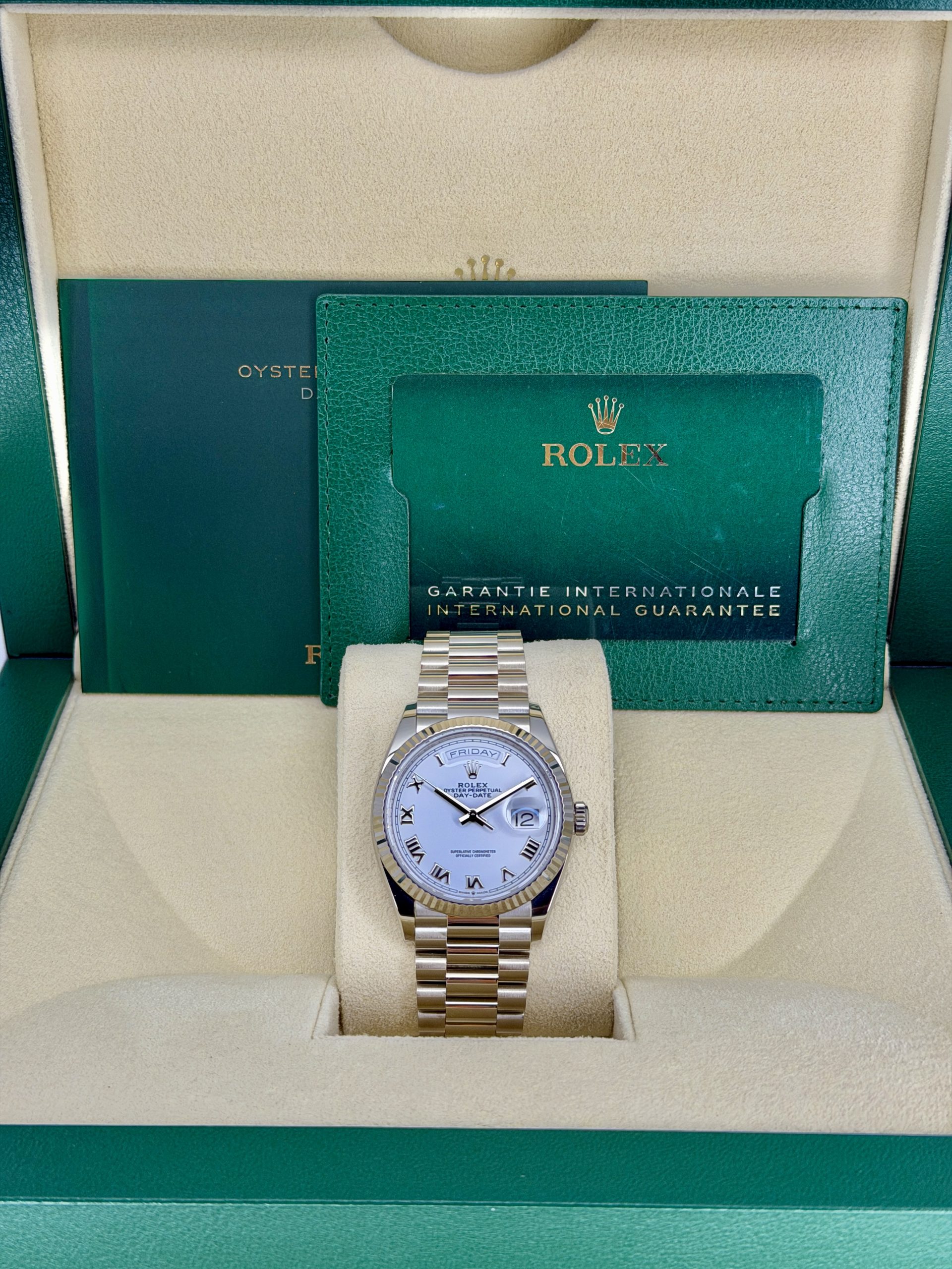 Box and Papers Pre-Owned Rolex Day-Date 128239 White Roman