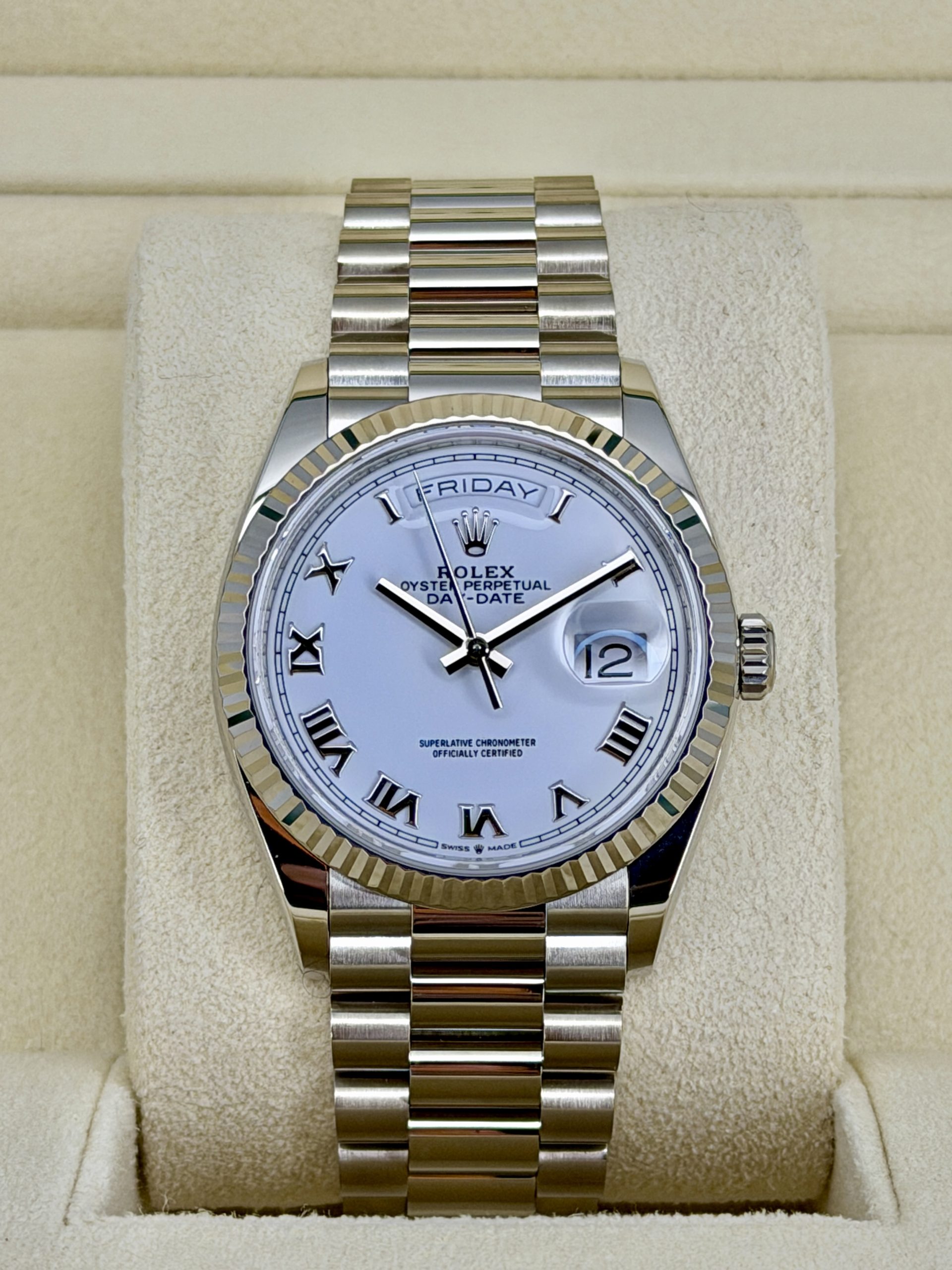 Front Face Pre-Owned Rolex Day-Date 128239 White Roman