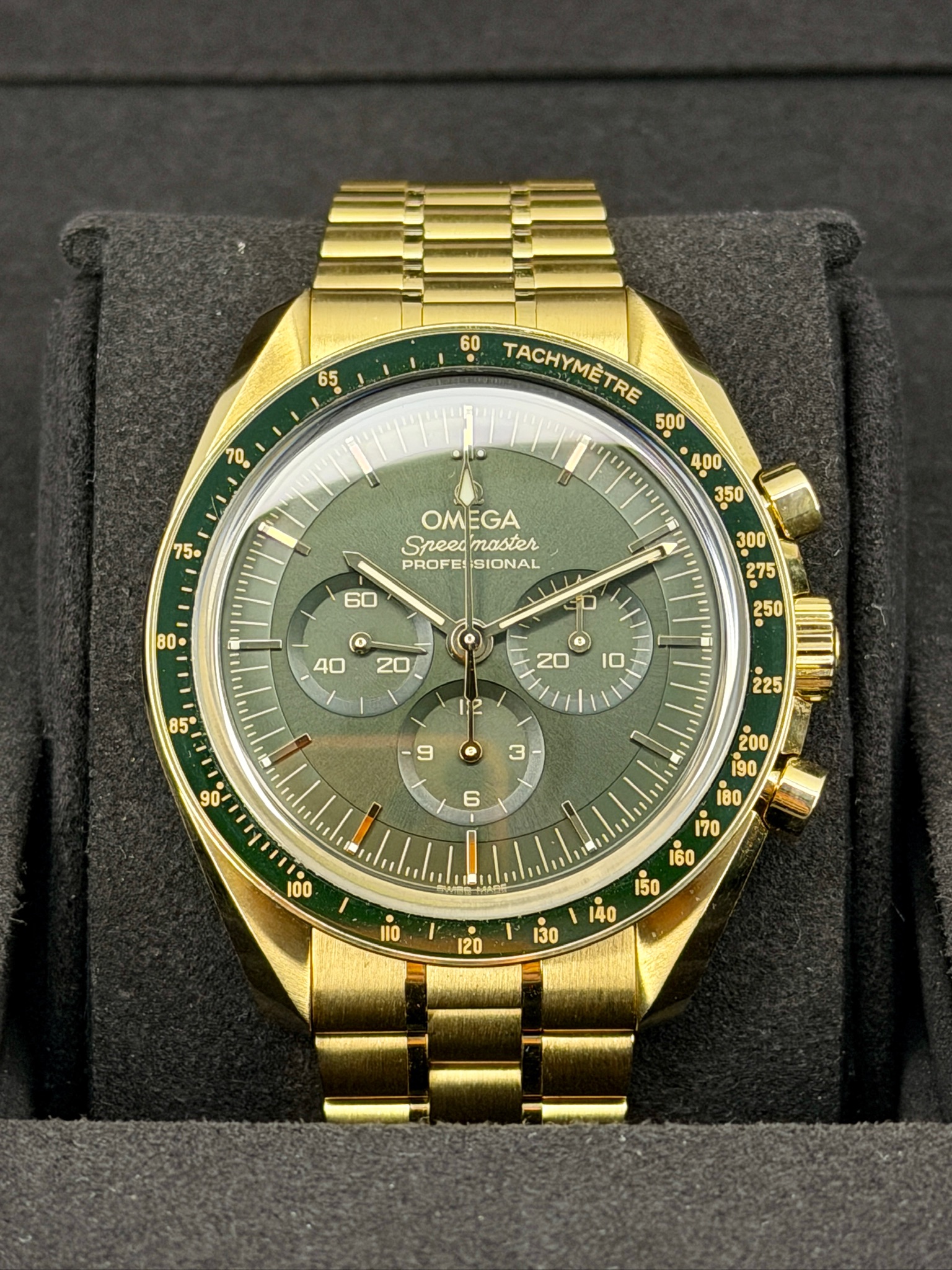 Front Face Pre-Owned Omega Speedmaster Moonshine Gold box and papers