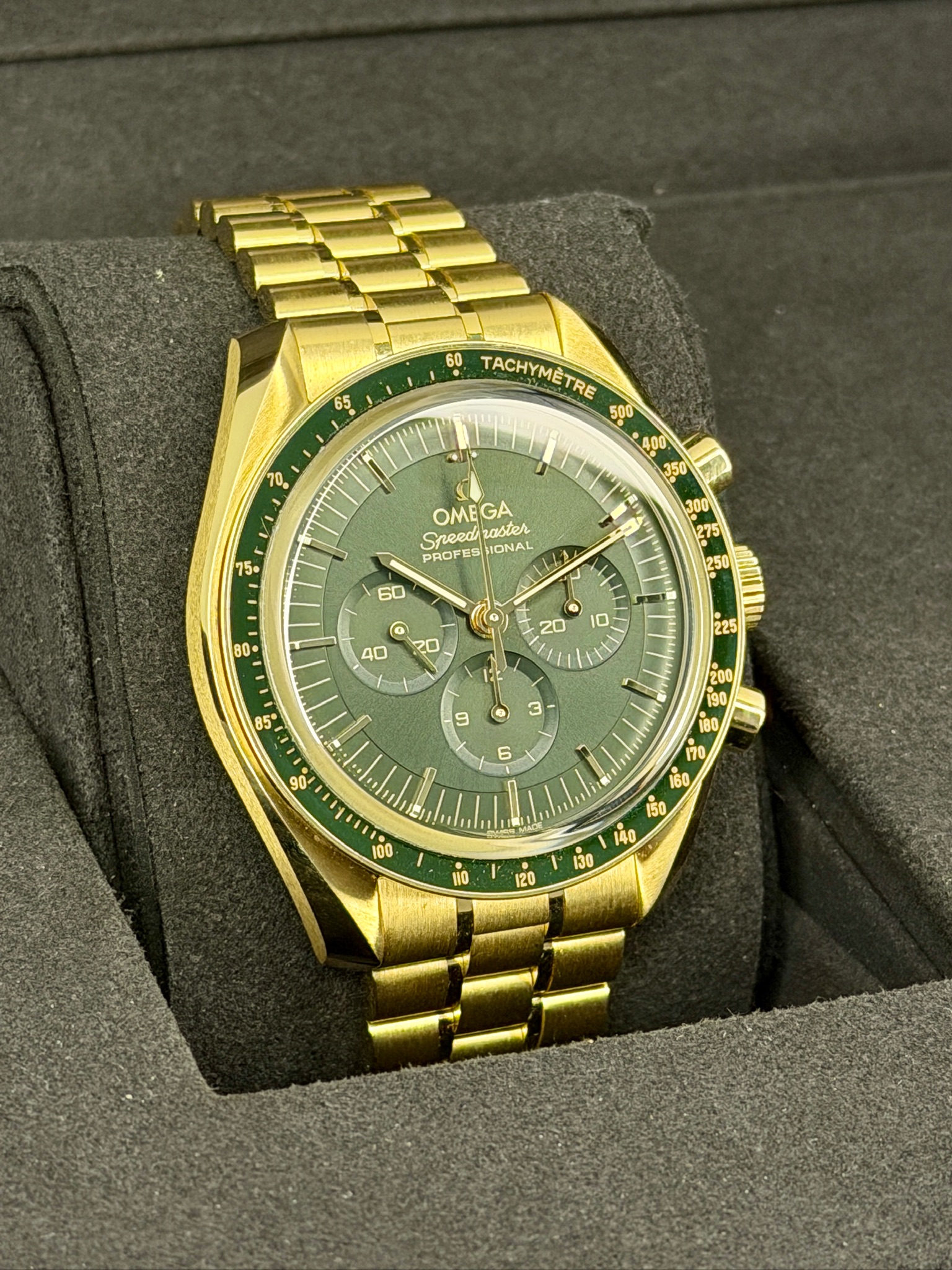 Side Face 2 Pre-Owned Omega Speedmaster Moonshine Gold box and papers