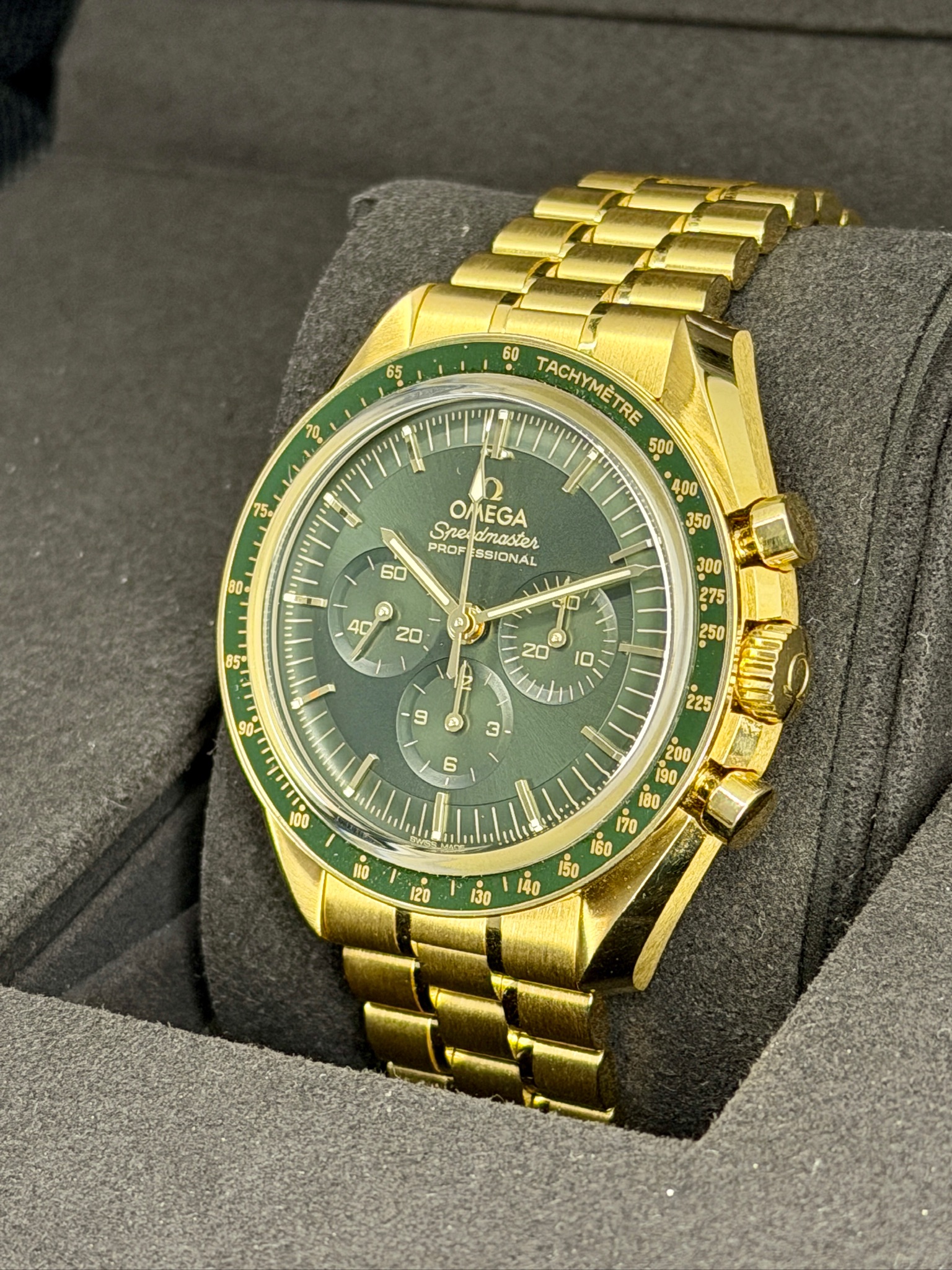 Side Face Pre-Owned Omega Speedmaster Moonshine Gold box and papers