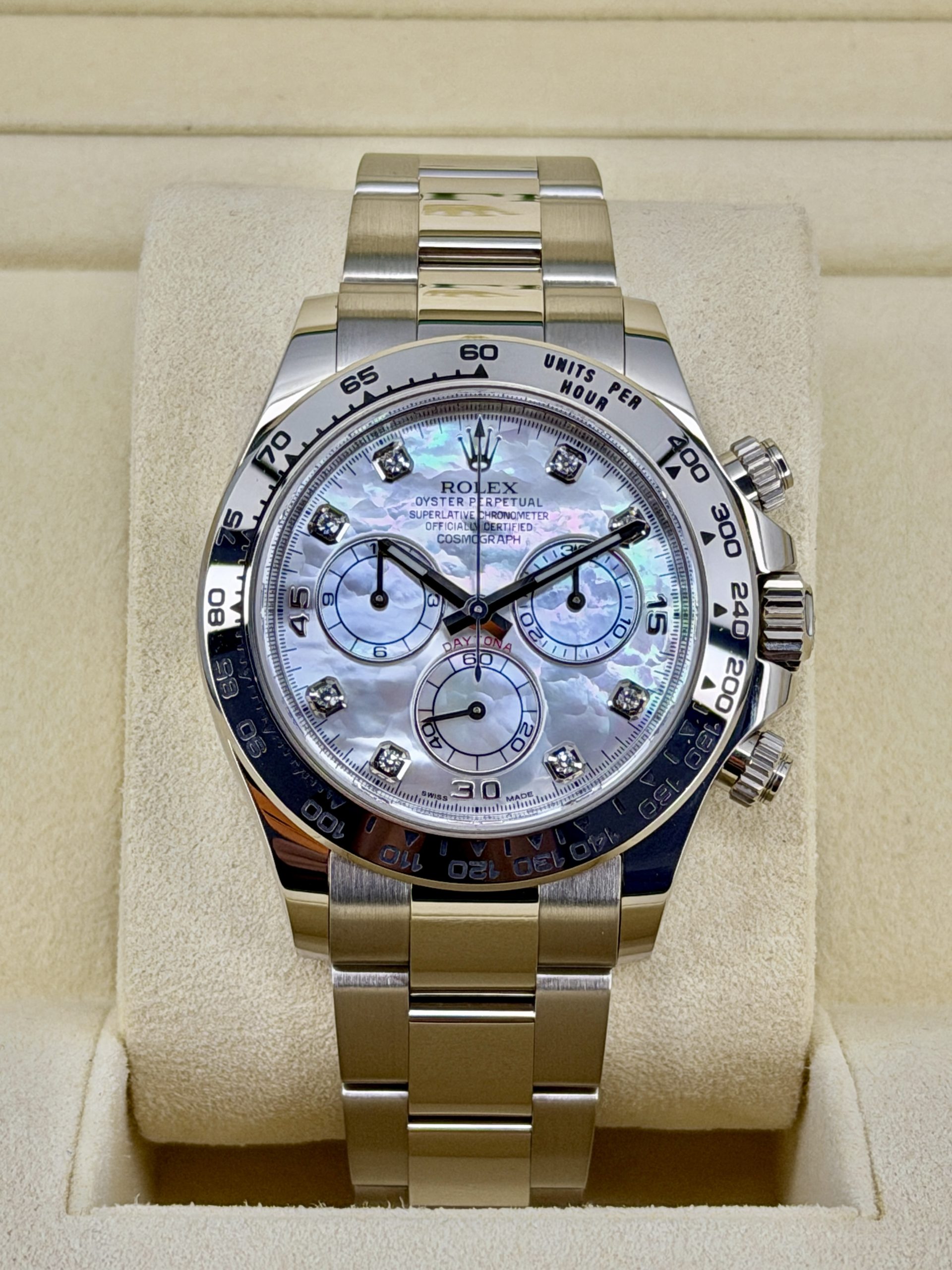Front Face Pre-Owned Rolex Daytona 116509 MOP Box and Papers