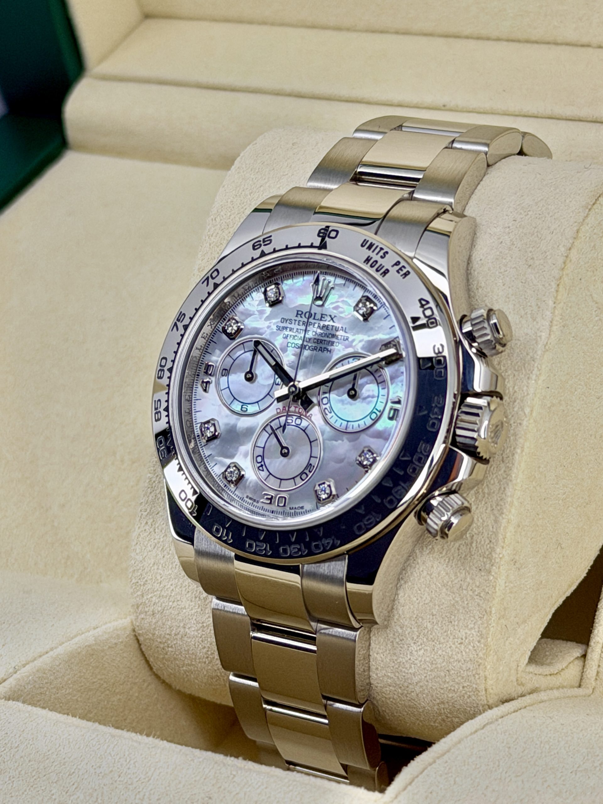 Side Face Pre-Owned Rolex Daytona 116509 MOP Box and Papers