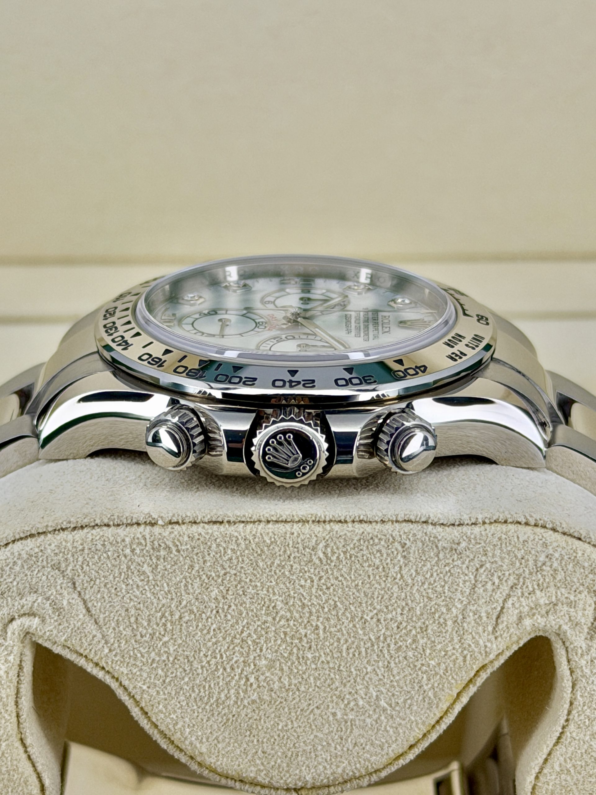 Side Shot Pre-Owned Rolex Daytona 116509 MOP Box and Papers