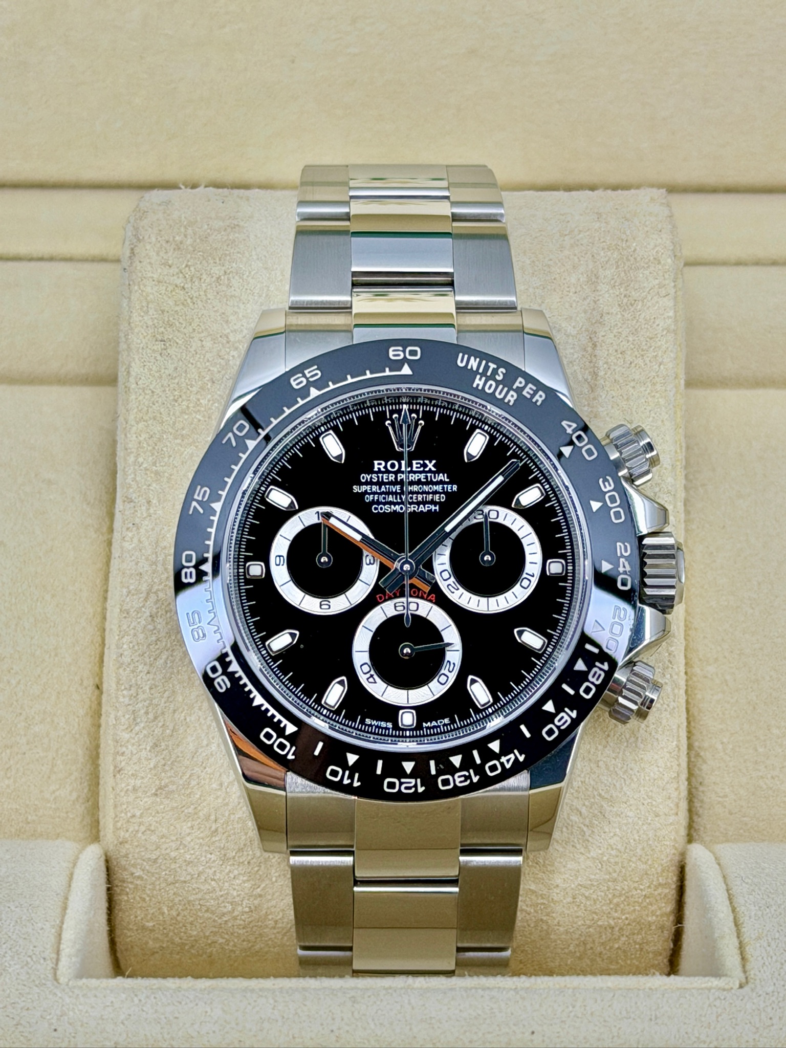 Front Face Pre-Owned Rolex Daytona 116500 Box and Papers