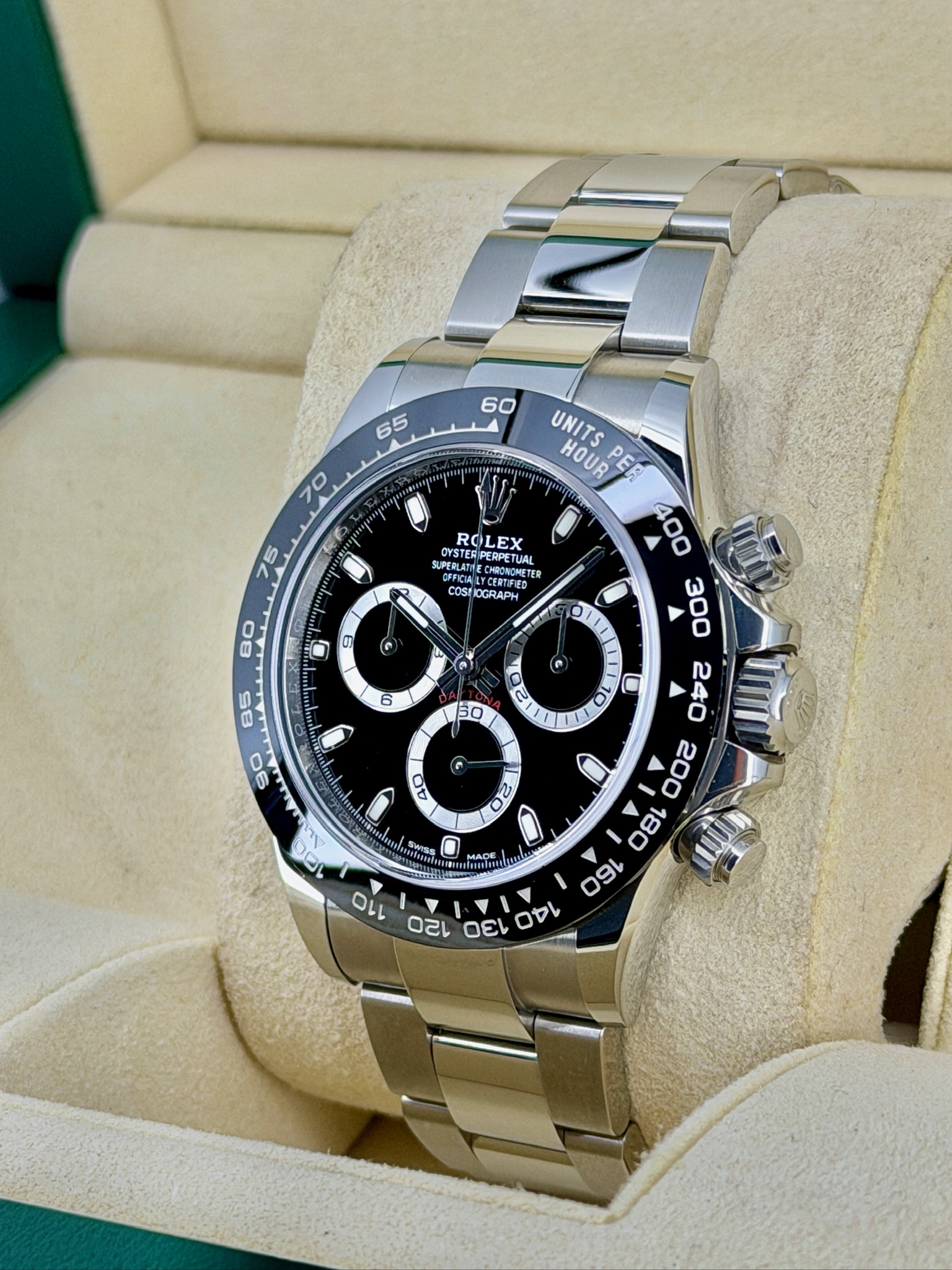 Side Face Pre-Owned Rolex Daytona 116500 Box and Papers