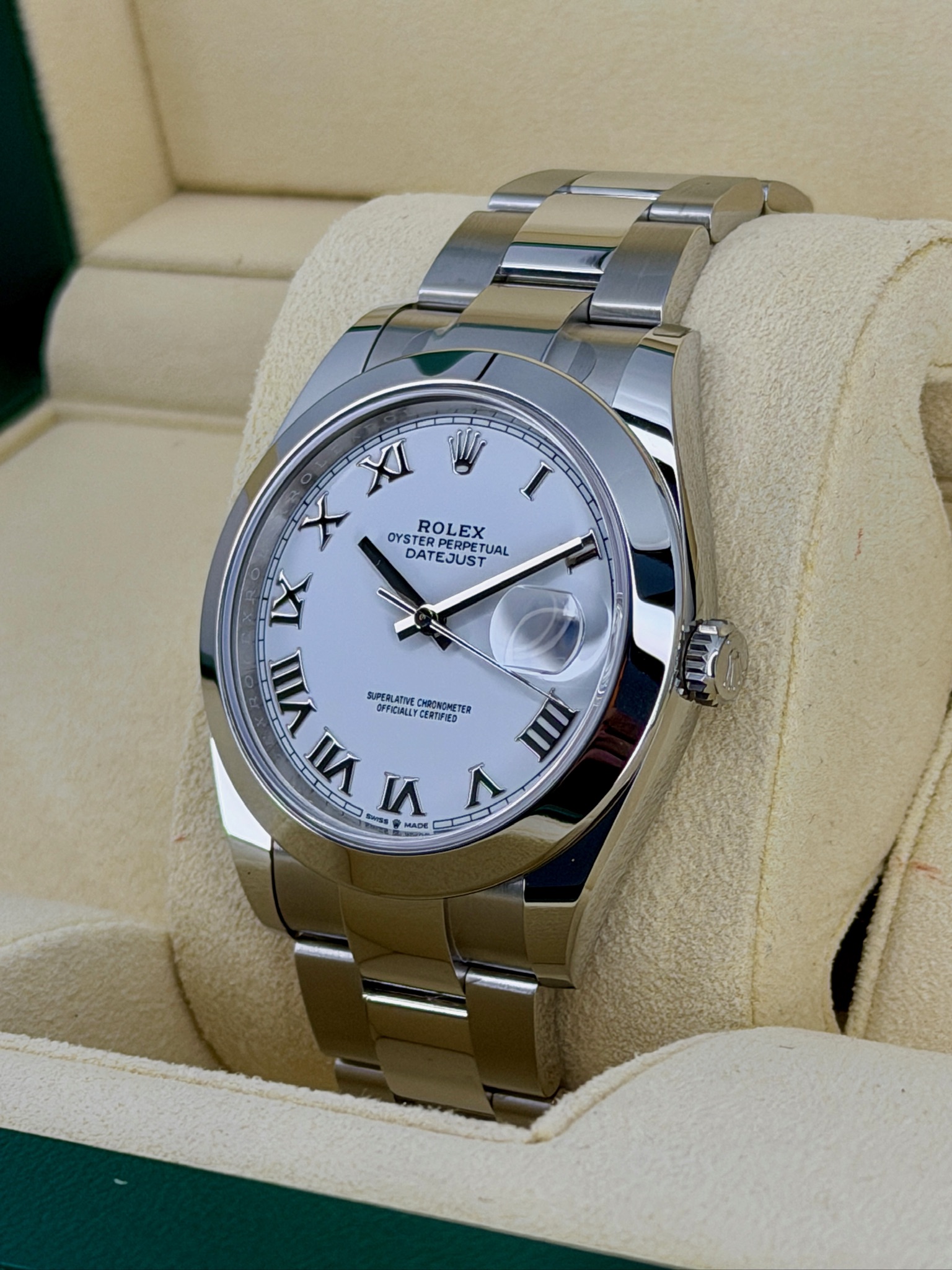 Side Face Pre-Owned Rolex DateJust 126300 Box and Papers