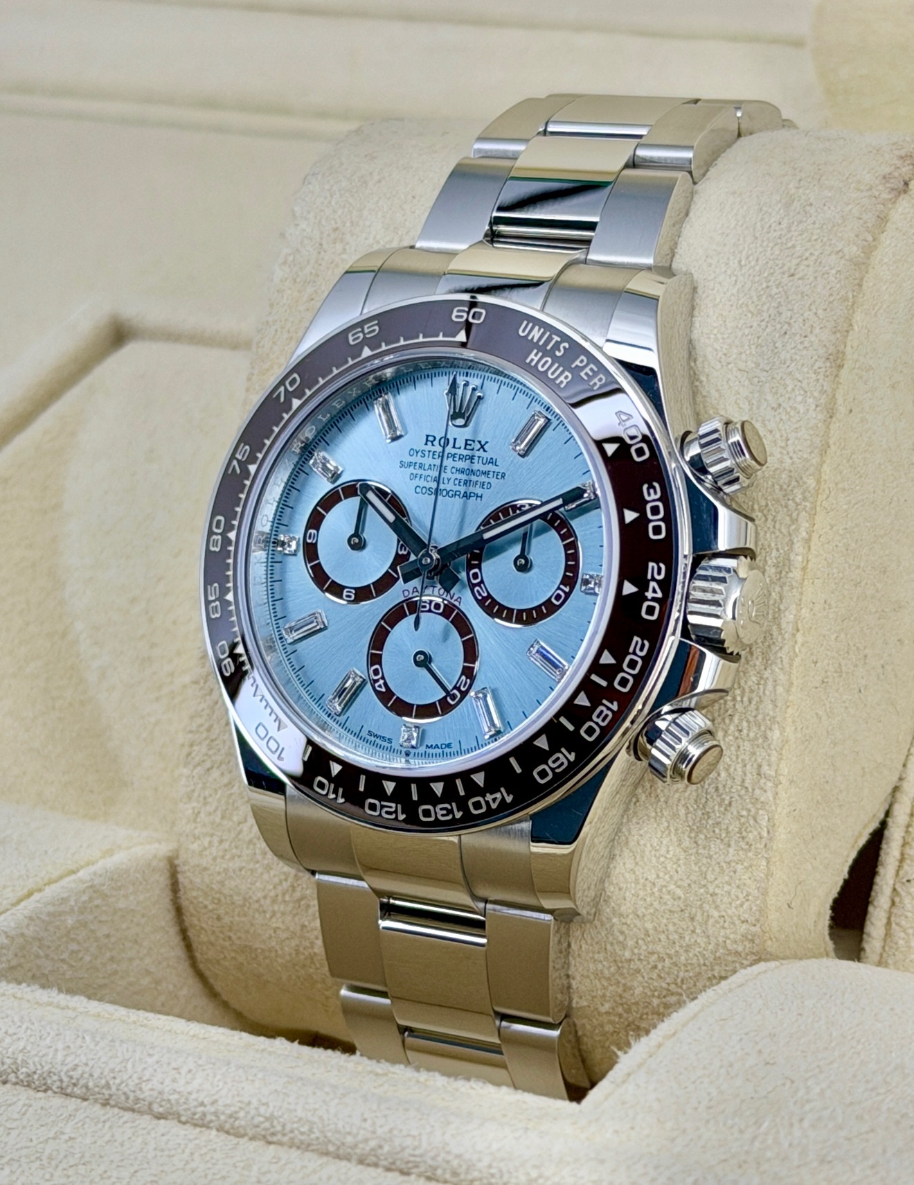 Side Face Pre-Owned Rolex Daytona 126506 Baguette Box and Papers