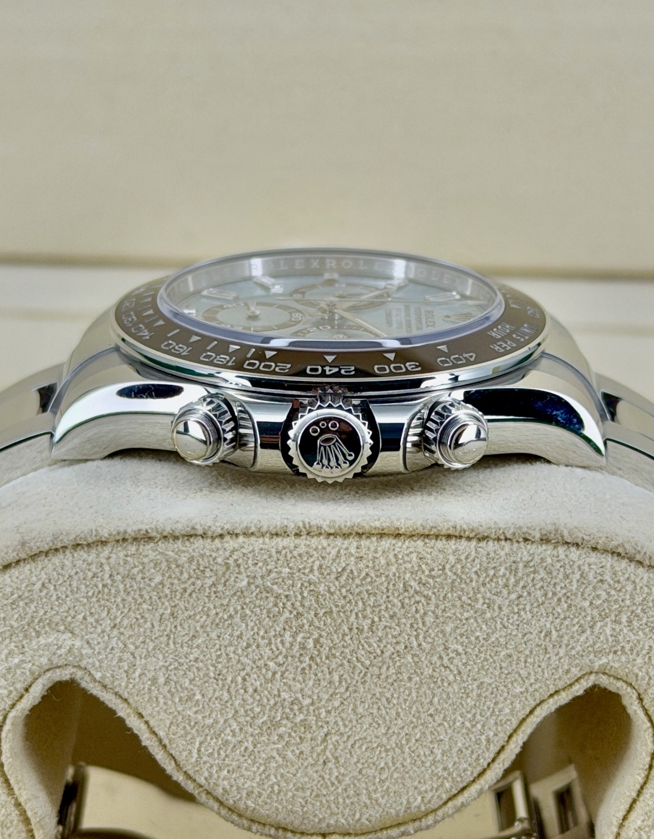 Side Shot Pre-Owned Rolex Daytona 126506 Baguette Box and Papers